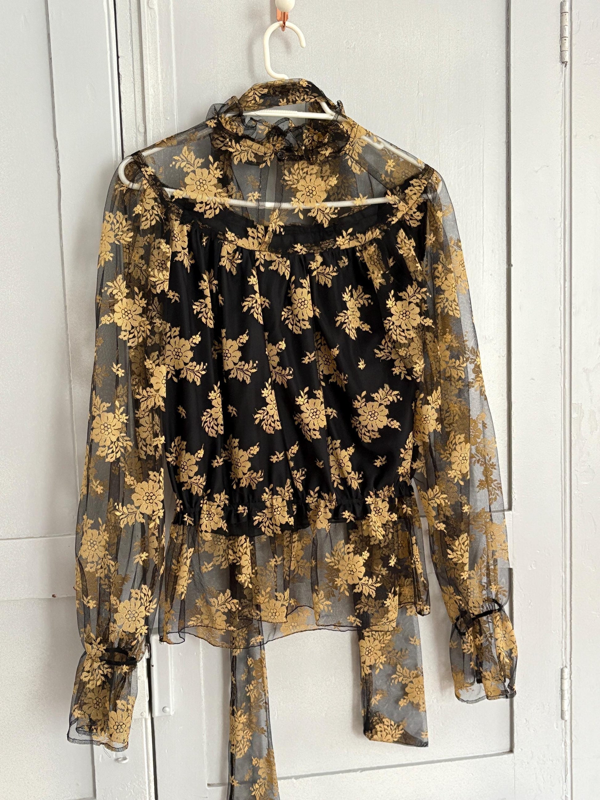 Vintage lace sheer top romantic gothic floral blouse with long scarf tie versatile styling option