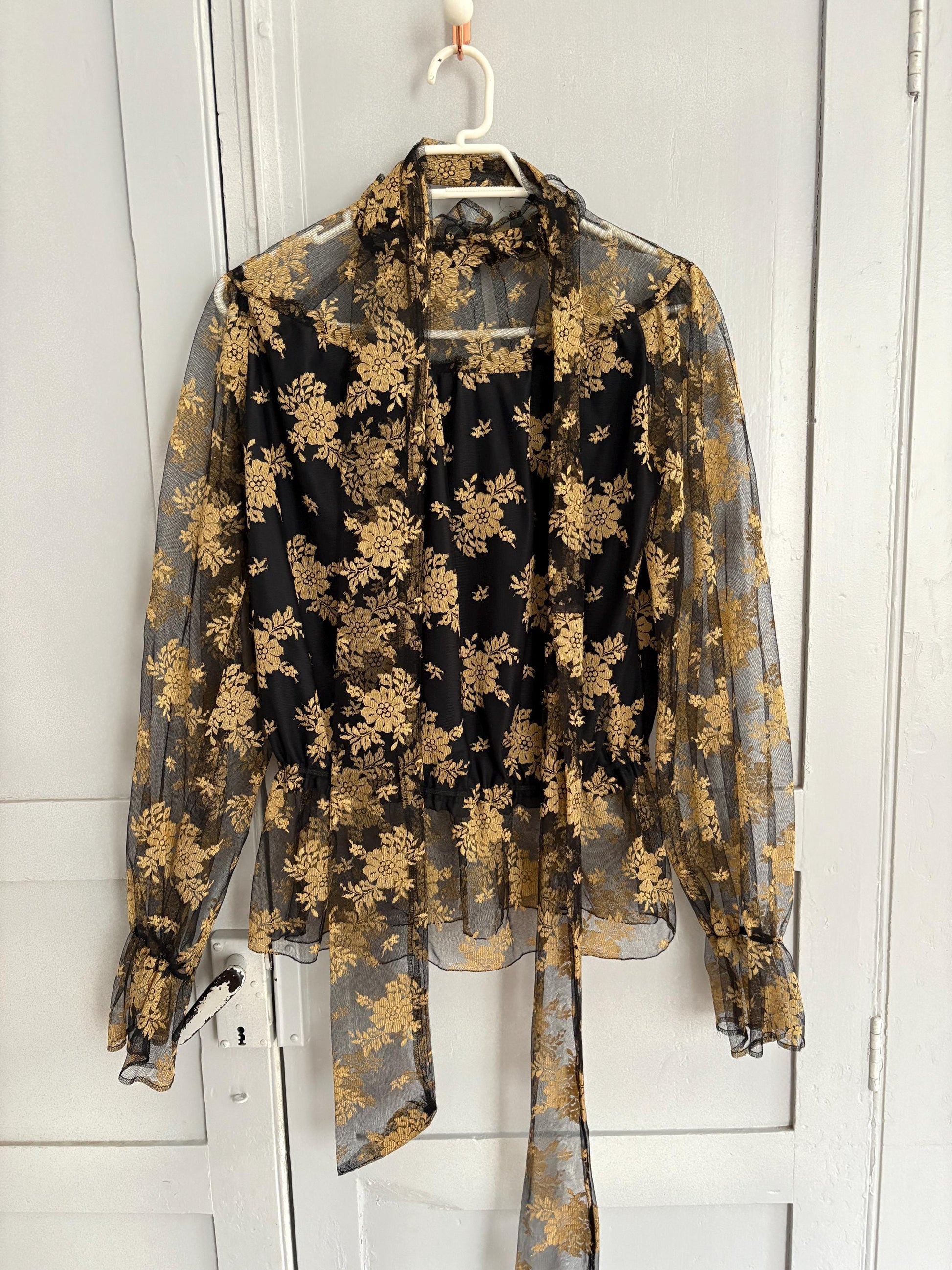 Vintage lace sheer top romantic gothic floral blouse with long scarf tie versatile styling option