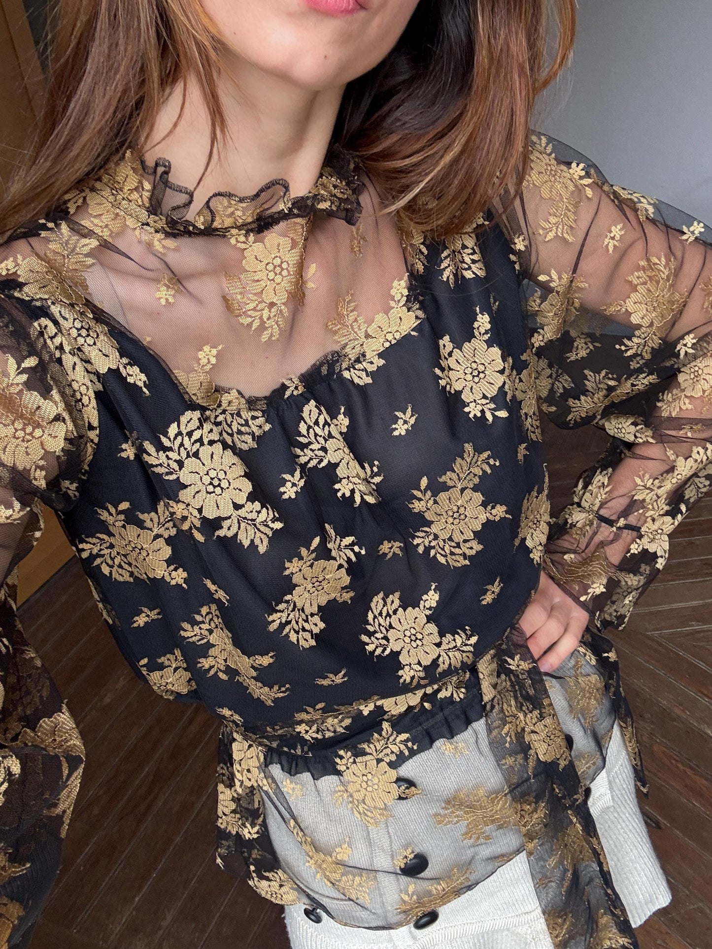 Vintage lace sheer top romantic gothic floral blouse with long scarf tie versatile styling option