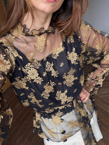 Vintage Lace Sheer Floral Blouse With Scarf Tie — detail