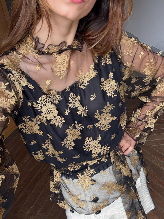 Vintage lace sheer top romantic gothic floral blouse with long scarf tie versatile styling option