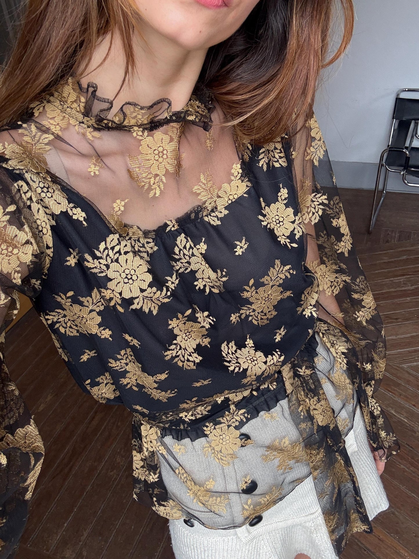 Vintage lace sheer top romantic gothic floral blouse with long scarf tie versatile styling option