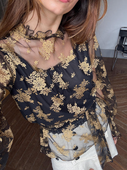 Vintage Lace Sheer Floral Blouse With Scarf Tie — back view