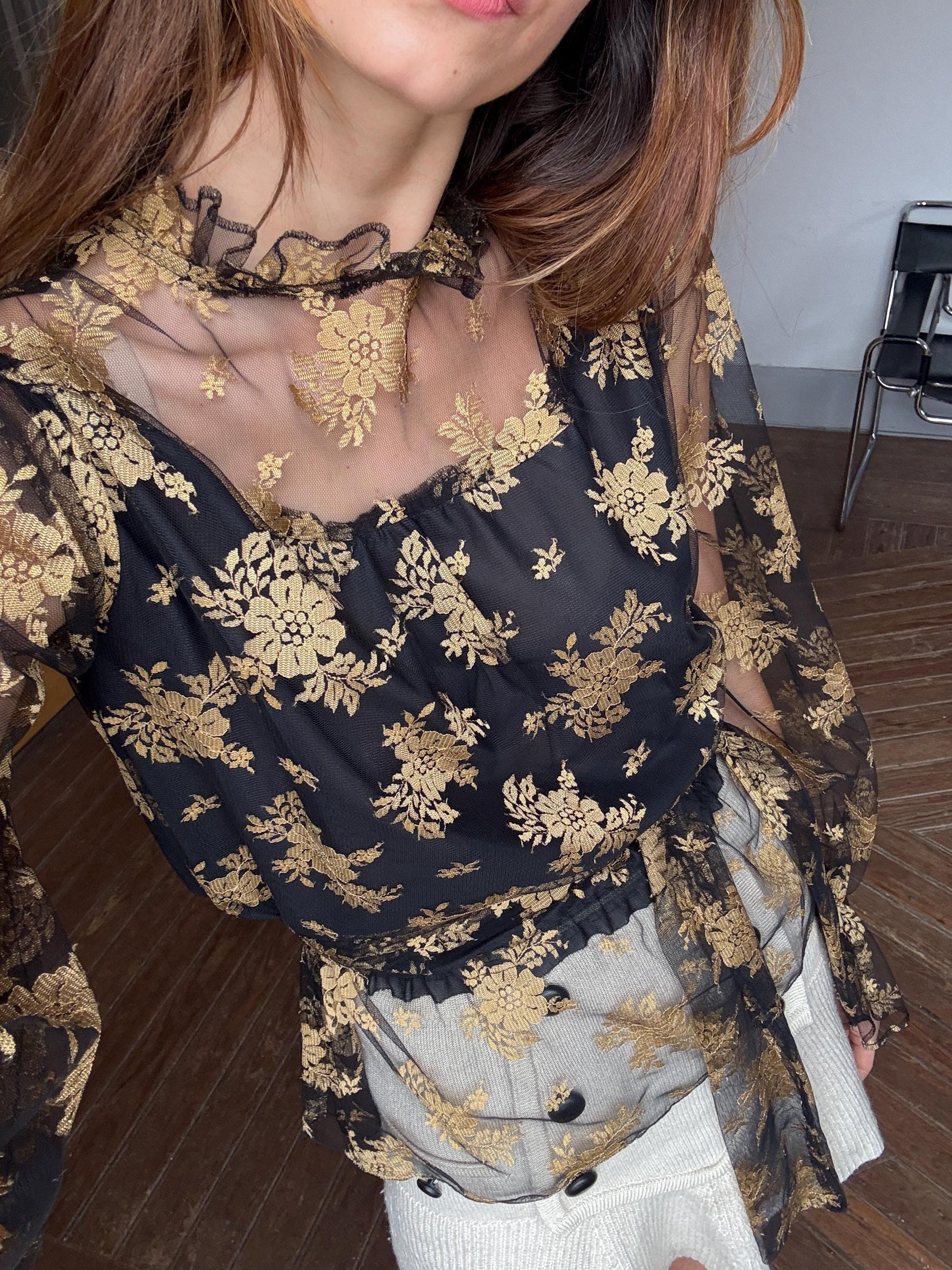 Vintage lace sheer top romantic gothic floral blouse with long scarf tie versatile styling option