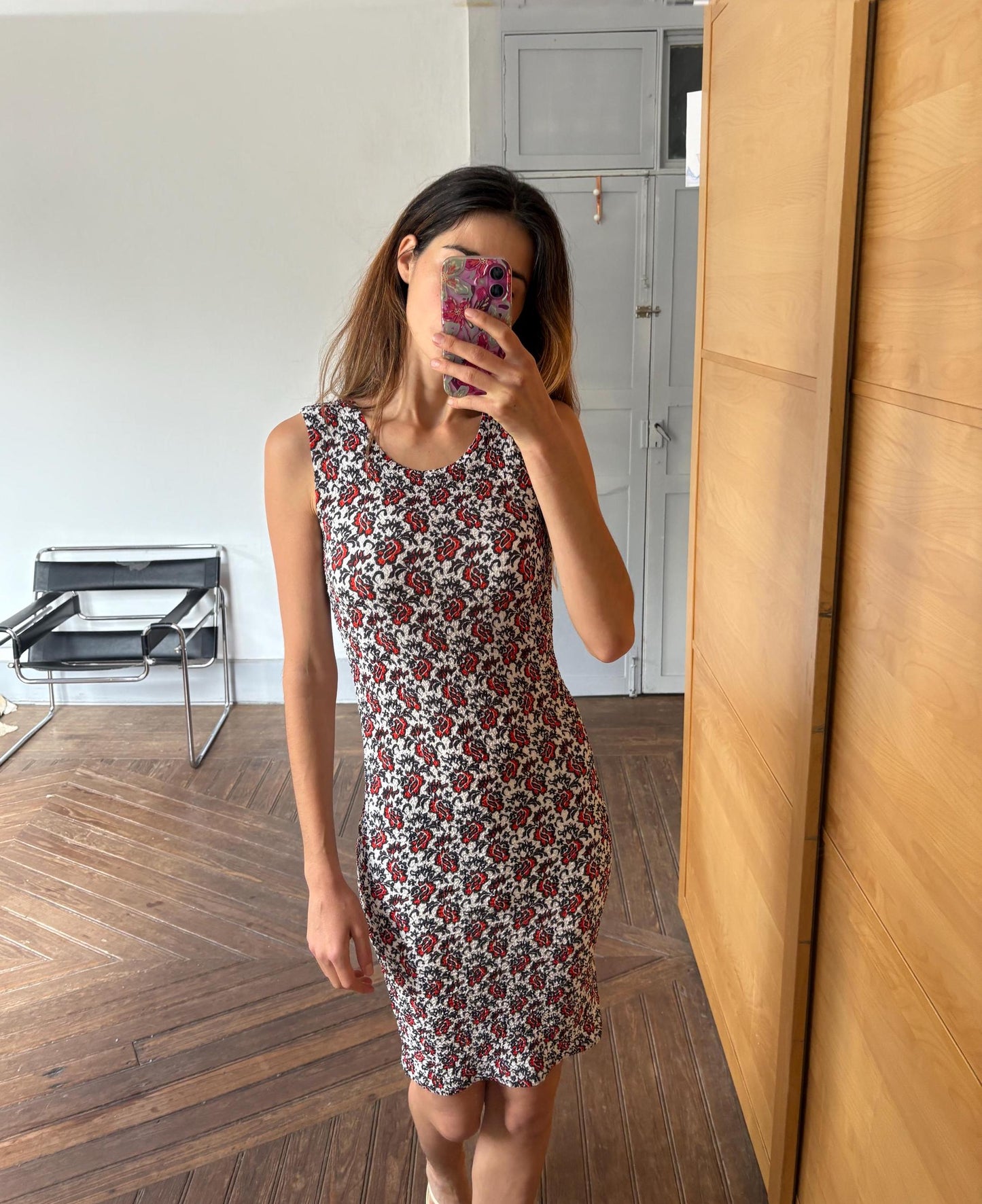 Vintage Adolfo Dominguez Bodycon Floral Mini Dress in Stretch Fabric Red Black White Size S EU36