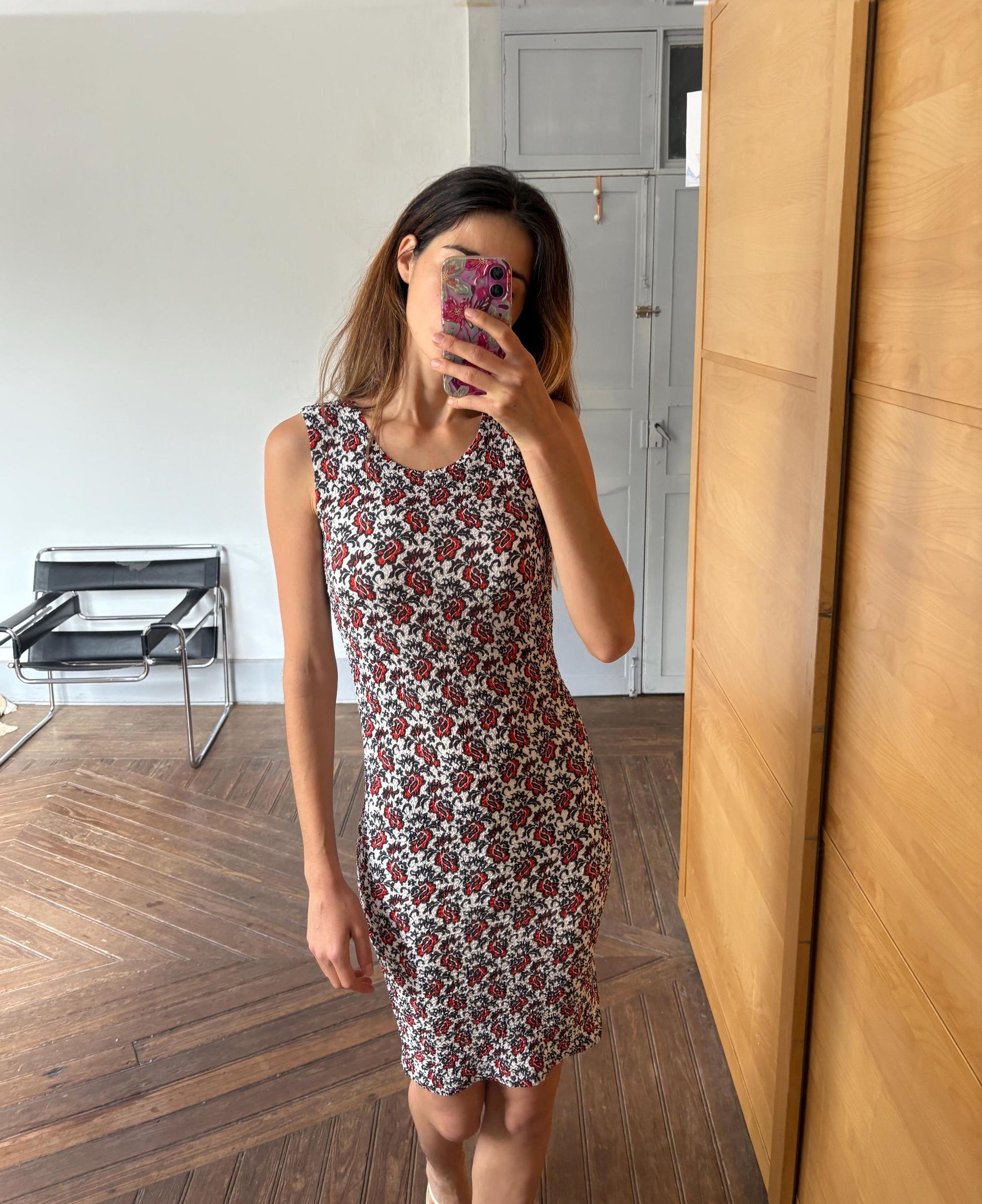 Vintage Adolfo Dominguez Bodycon Floral Mini Dress in Stretch Fabric Red Black White Size S EU36