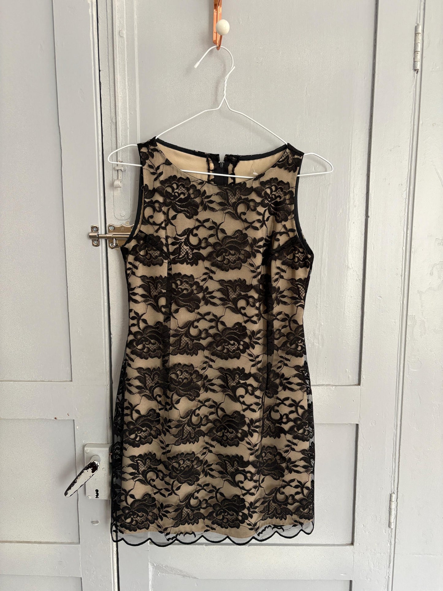 Vintage handmade black lace overlay mini dress with nude lining and floral details, elegant evening party outfit S size