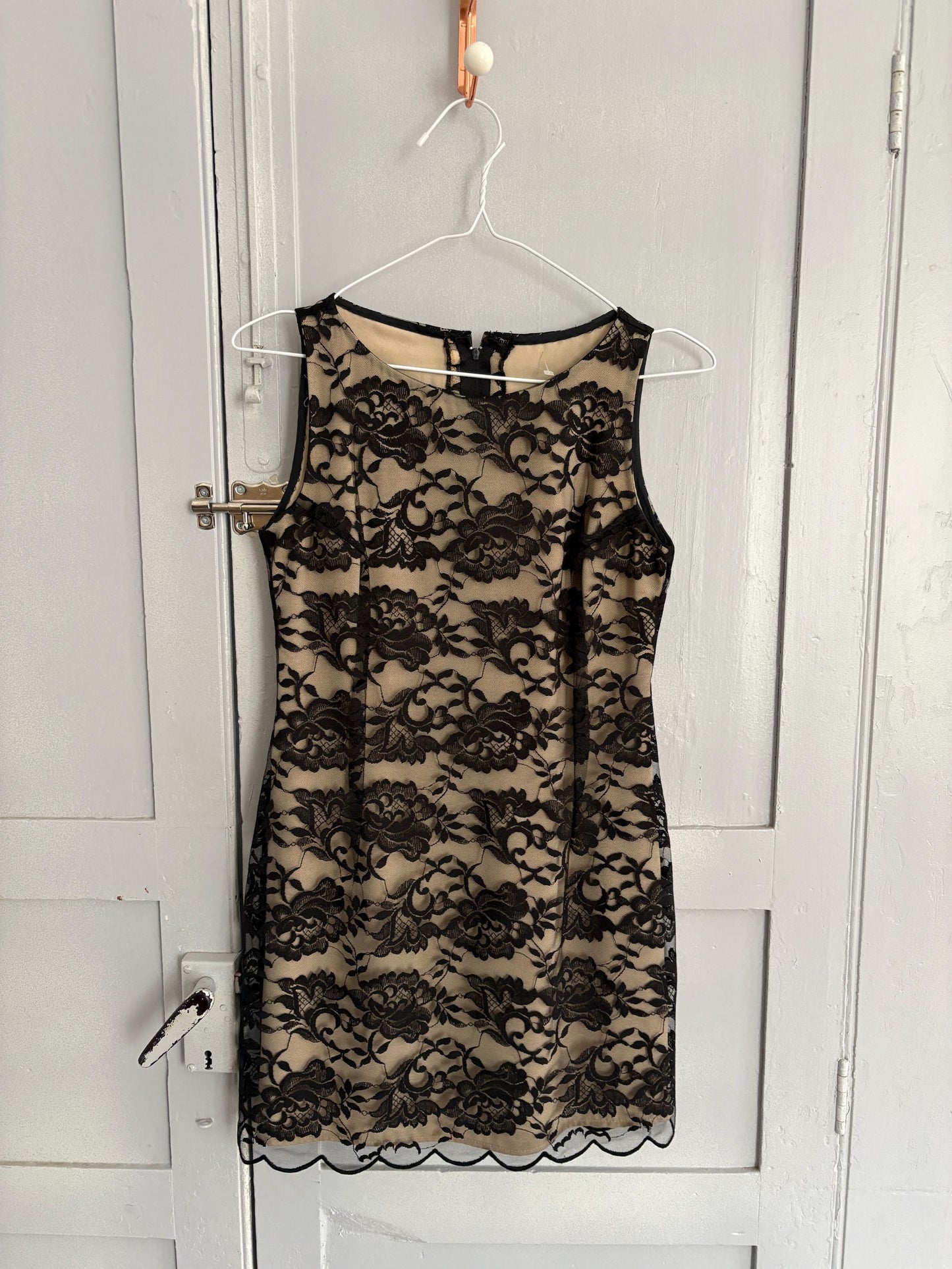 Vintage black lace overlay mini dress with floral details, size S