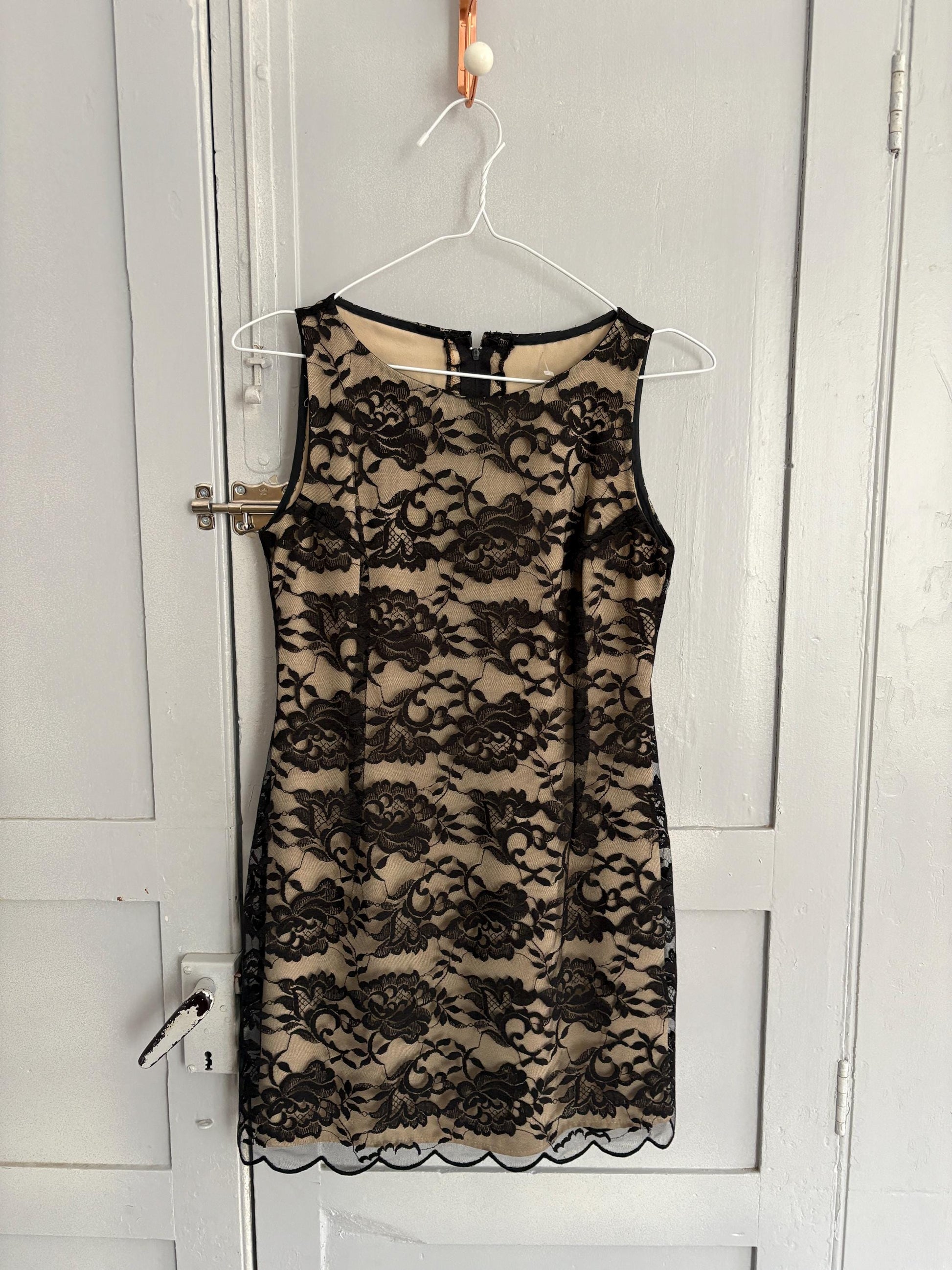 Vintage black lace overlay mini dress with floral details, size S