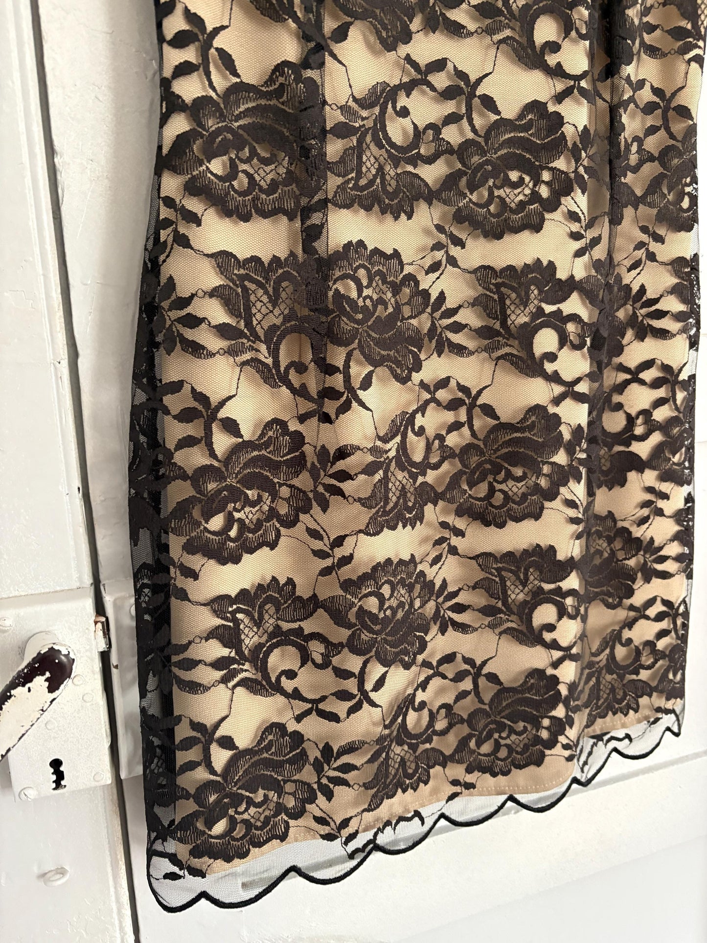 Vintage black lace overlay mini dress with floral details, size S