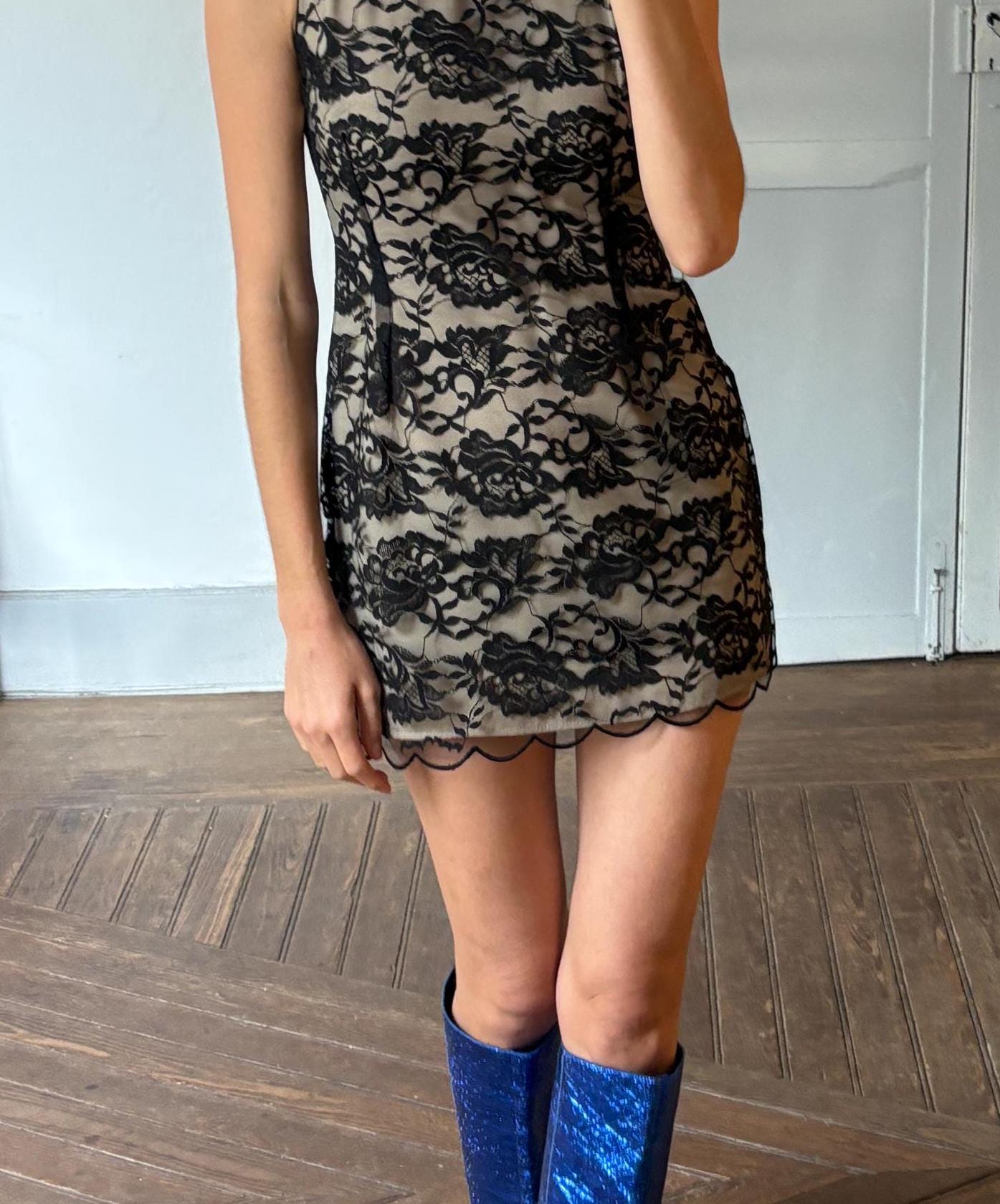 Vintage handmade black lace overlay mini dress with nude lining and floral details, elegant evening party outfit S size