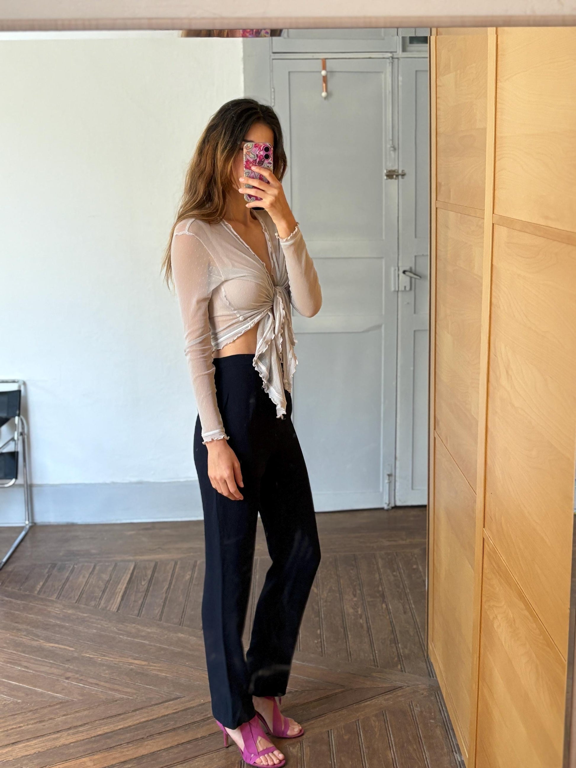 Sheer wrap knot tie top - Mesh blouse - Sexy beach cover up - Summer vibes - Romantic light grey Transparent Mesh Top, Size S - M