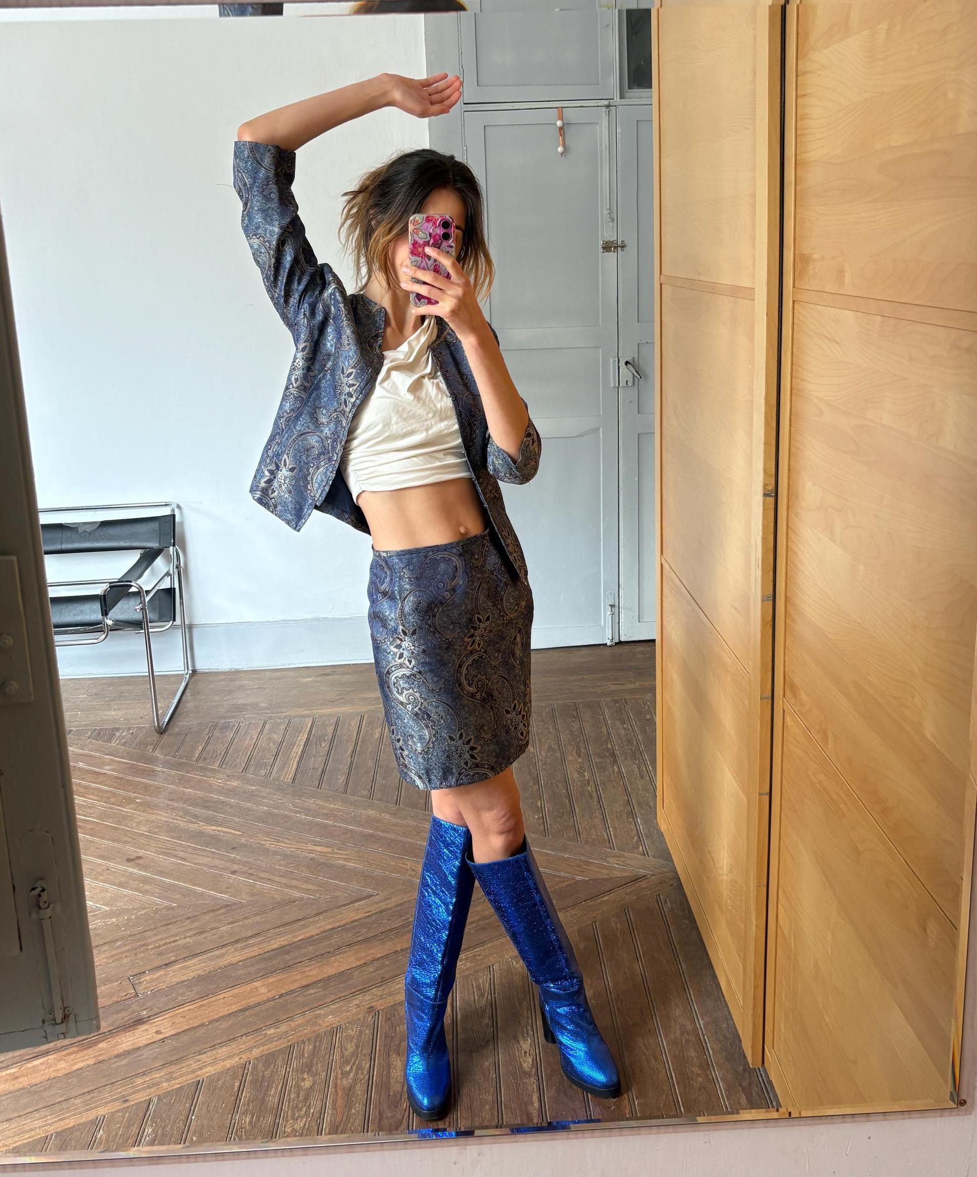 Vintage Alain Manoukian Skirt & Jacket Set – Blue Metallic Paisley FR 38 & 40 US 8 & 10