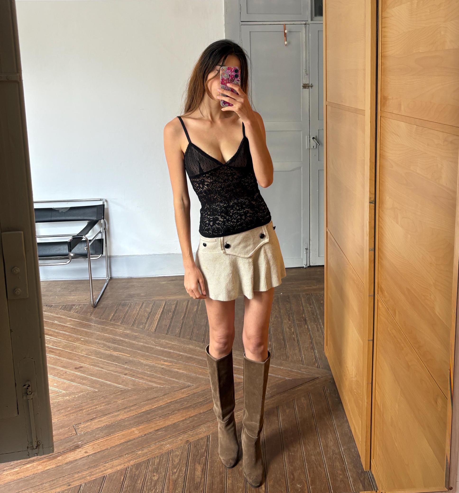 Sexy feminine Vintage Black Lace Mesh Camisole – Sheer Polka Dot Cup Detail – Size XS