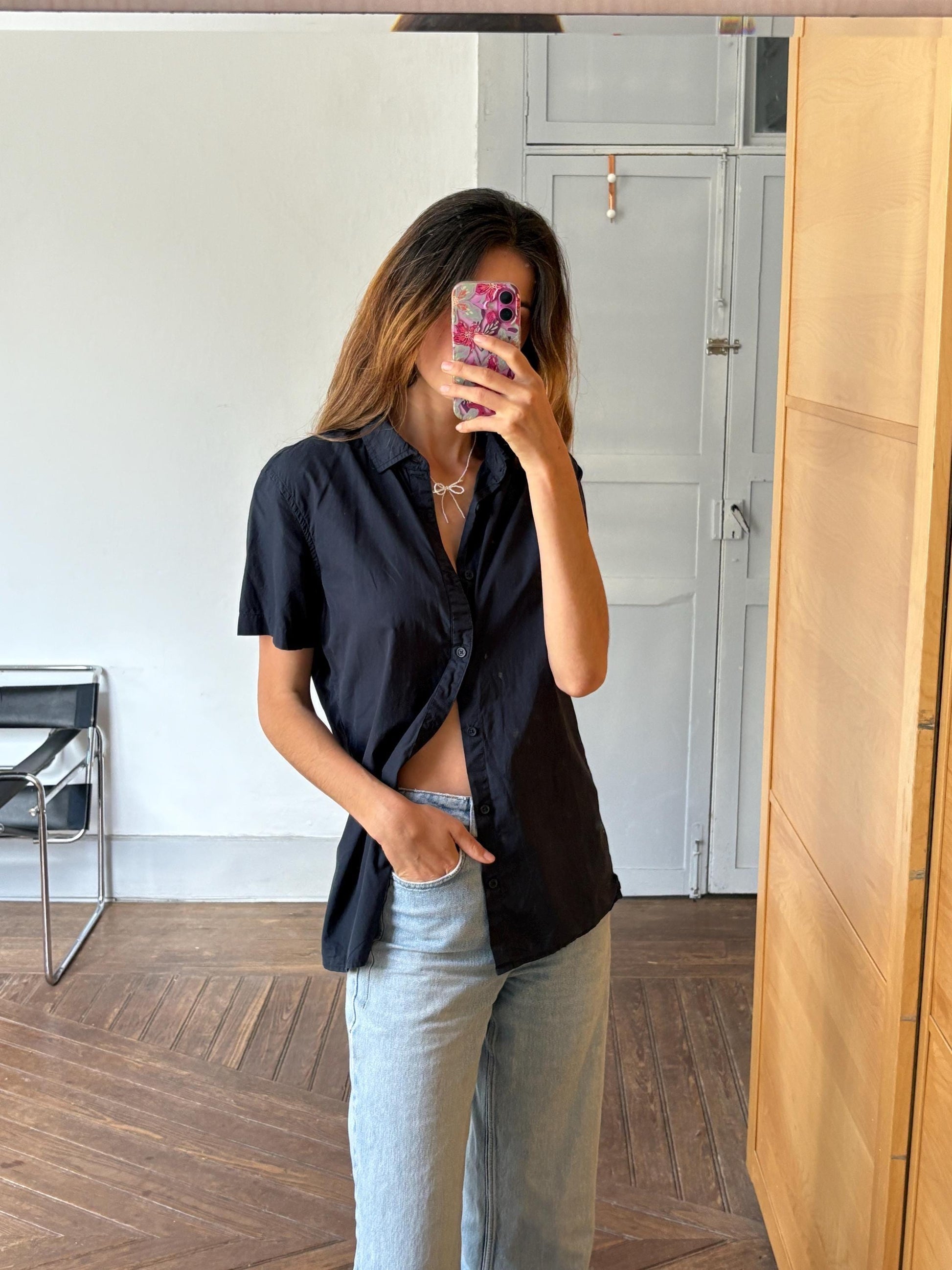 Vintage Armani Exchange black button up shirt, 1990s Casual chic cotton fitted blouse, Size M