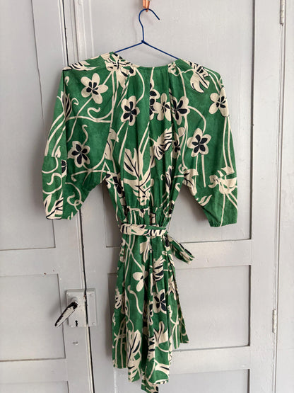 Vintage Green Floral Cotton Wrap Dress – Puff Sleeves Summer Mini dress, Size M
