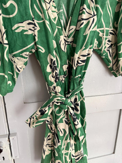 Vintage Green Floral Cotton Wrap Dress – Puff Sleeves Summer Mini dress, Size M