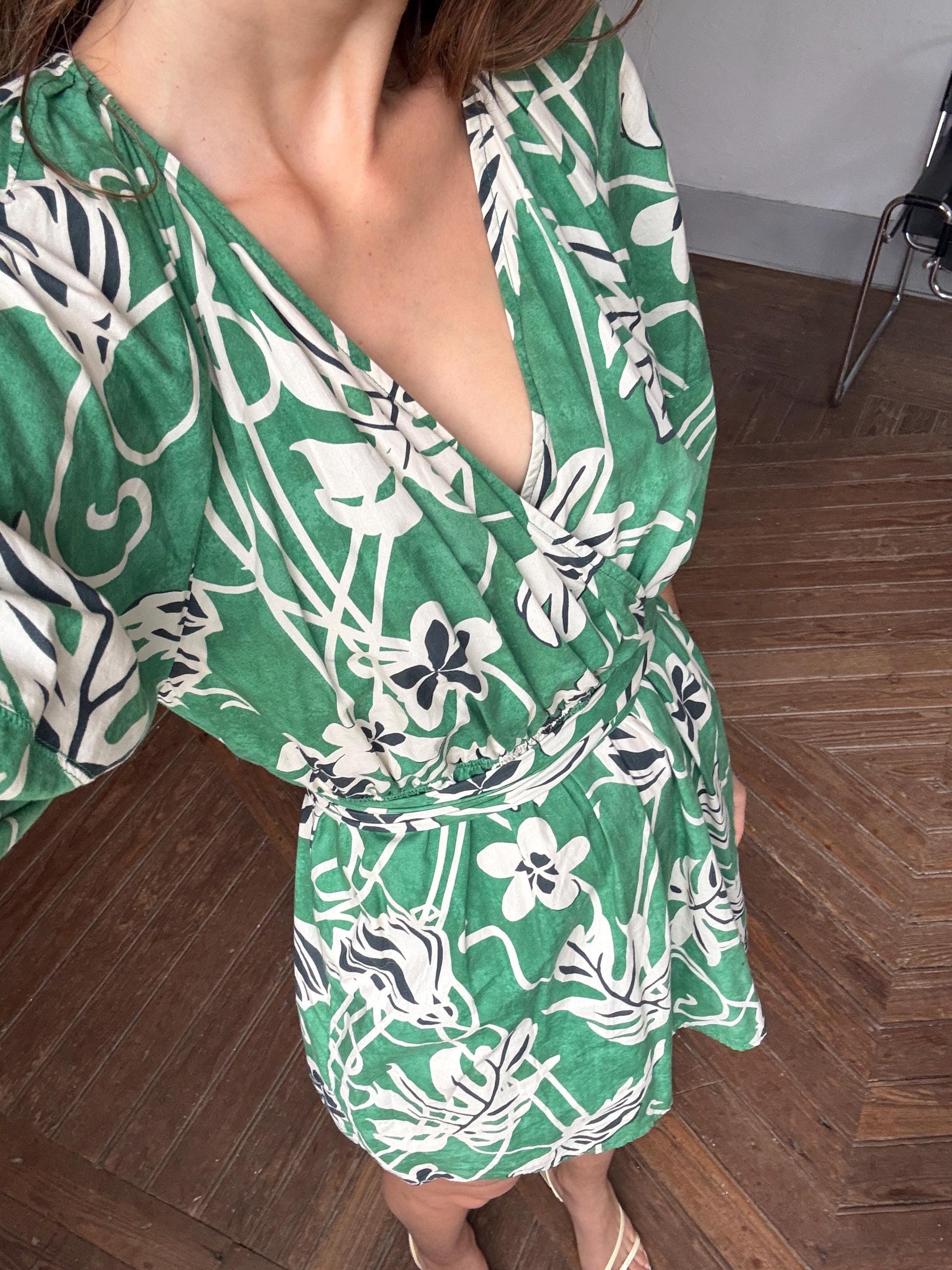 Vintage Green Floral Cotton Wrap Dress – Puff Sleeves Summer Mini dress, Size M
