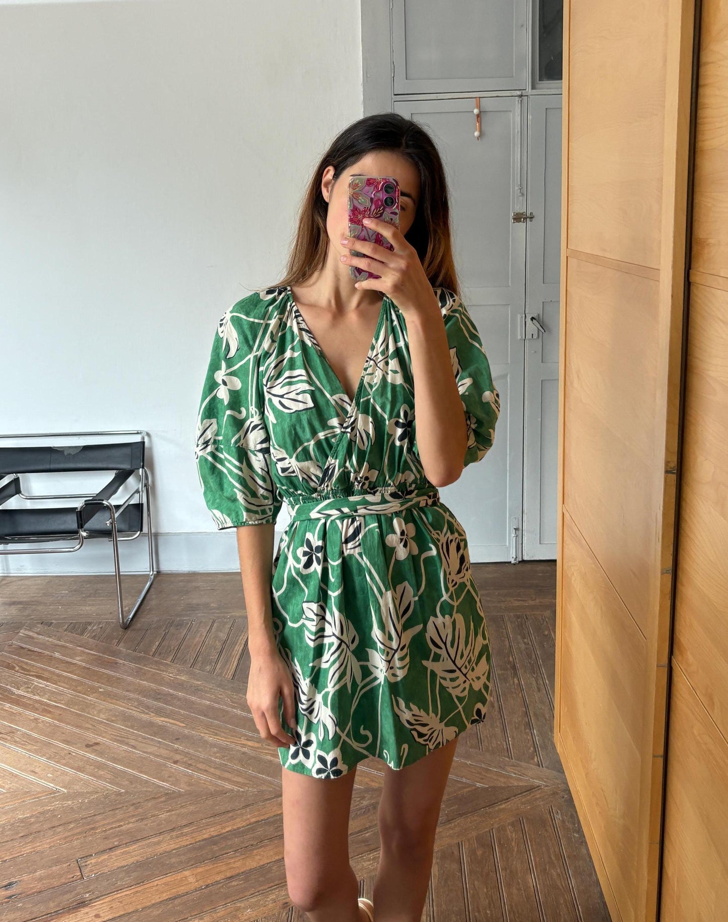 Vintage Green Floral Cotton Wrap Dress – Puff Sleeves Summer Mini with Tie Waist, Size M