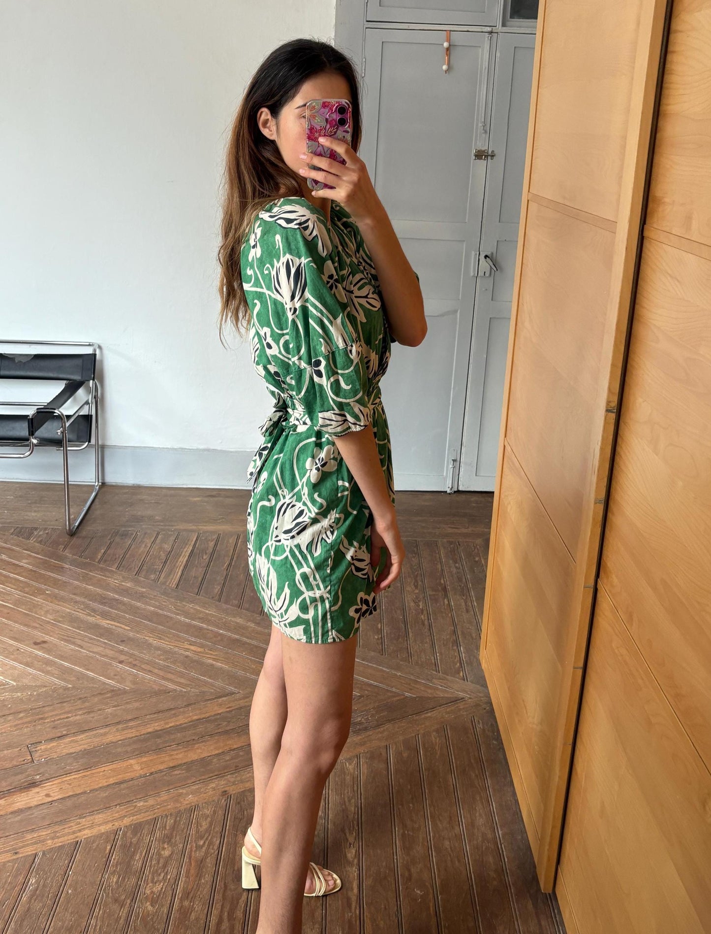 Vintage Green Floral Cotton Wrap Dress – Puff Sleeves Summer Mini with Tie Waist, Size M