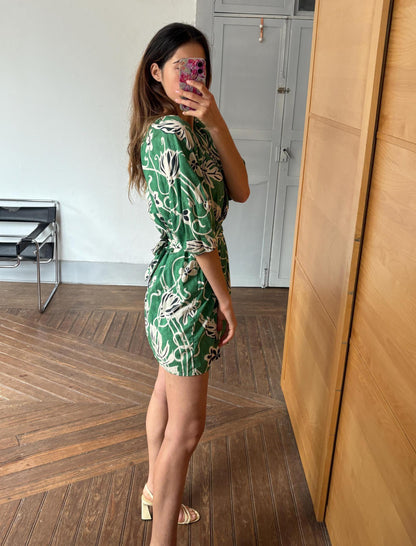 Vintage Green Floral Cotton Wrap Dress – Puff Sleeves Summer Mini dress, Size M