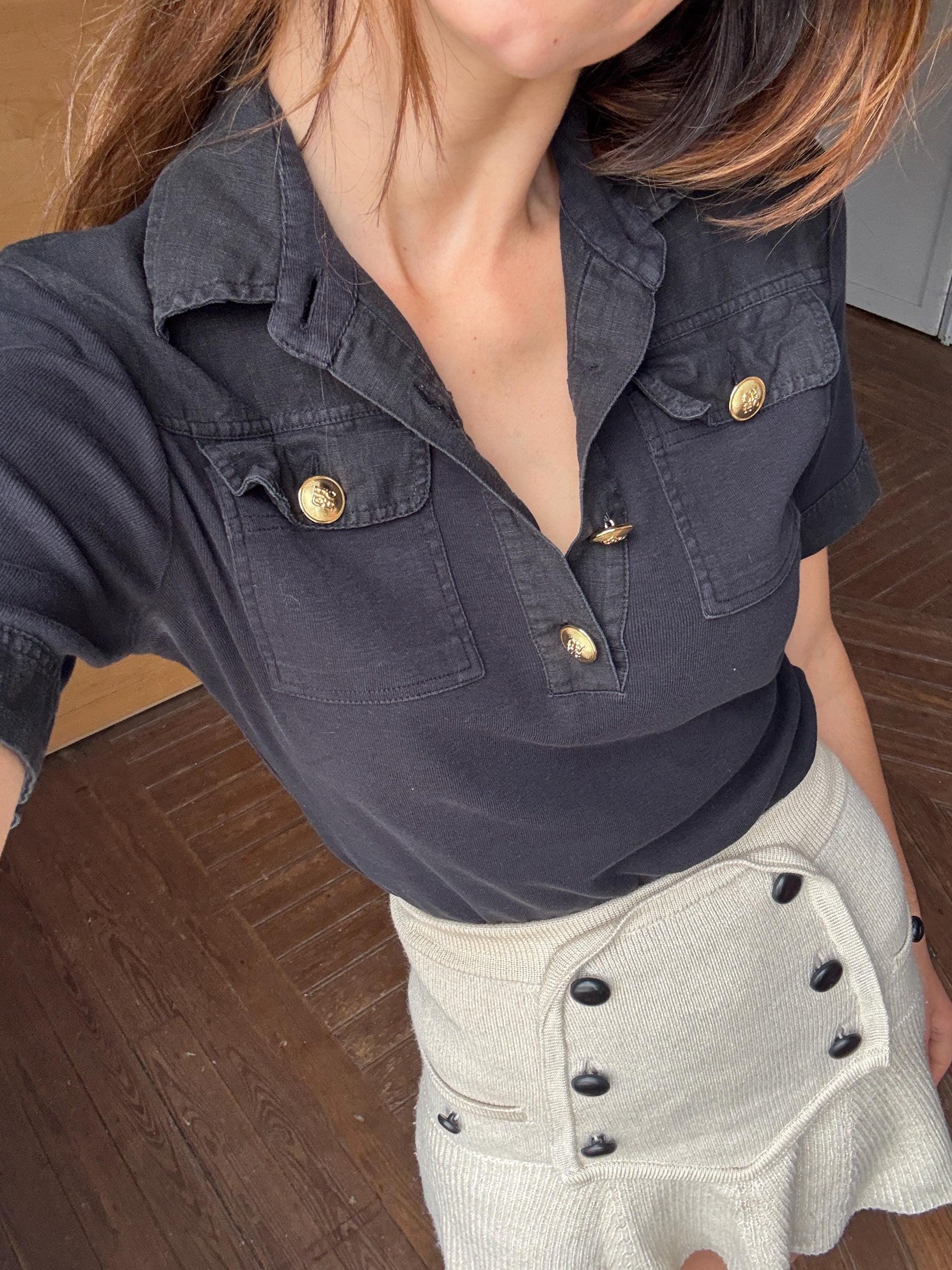Vintage Carolina Herrera Black Shirt – Gold Button Detail Cotton Polo Style Top Size M