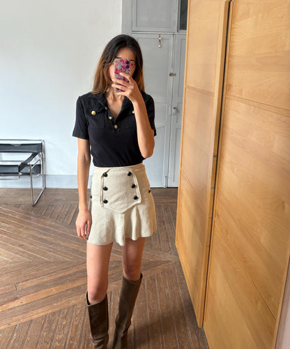 Carolina Herrera Black Cotton Polo With Gold Buttons — fabric close-up