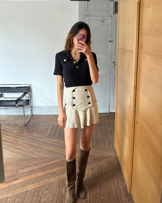 Vintage Carolina Herrera Black Shirt – Gold Button Detail Cotton Polo Style Top Size L