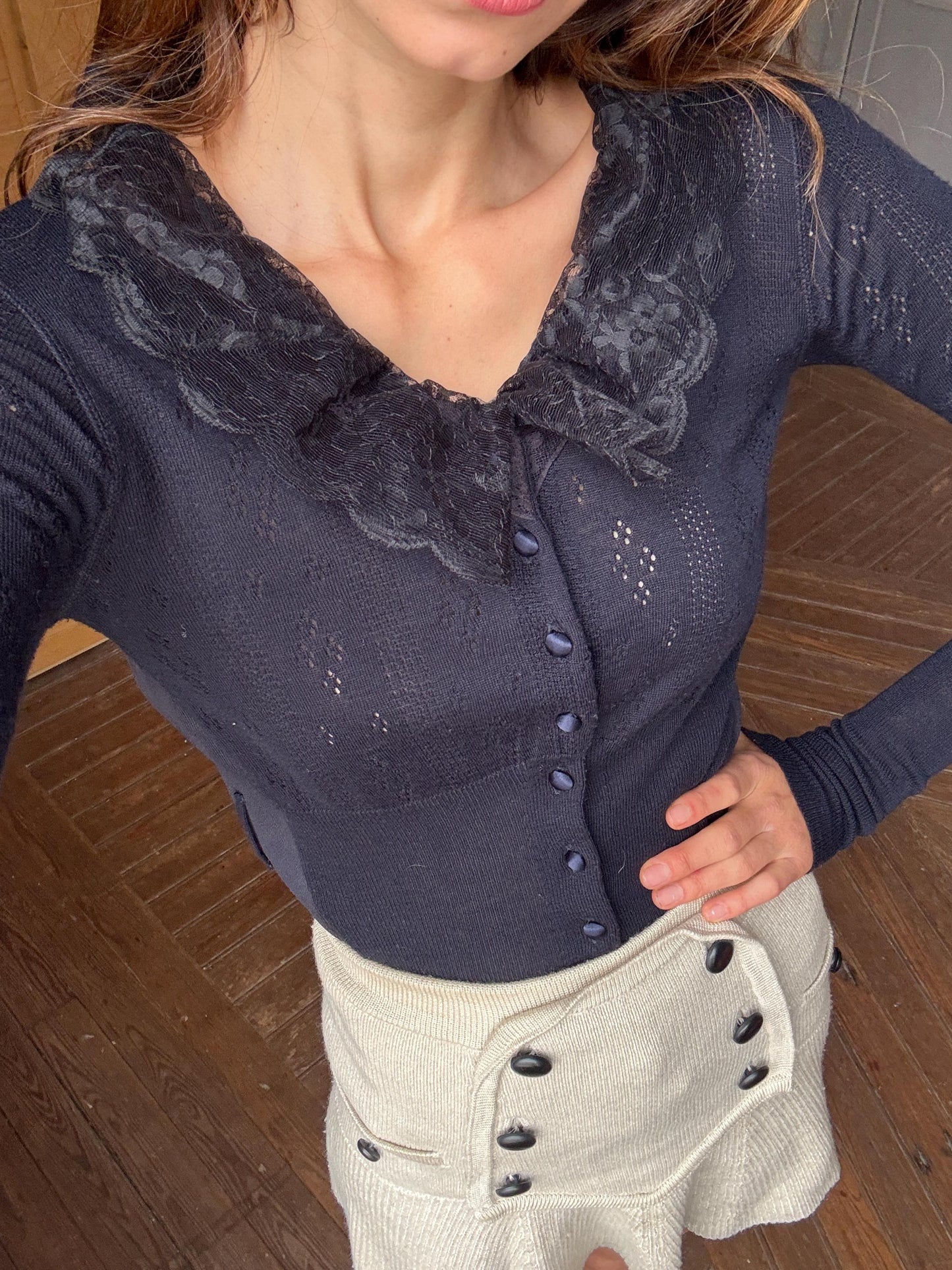 Vintage VDP Dark Blue Romantic Shirt – Long Sleeve Lace Collar Italian Top