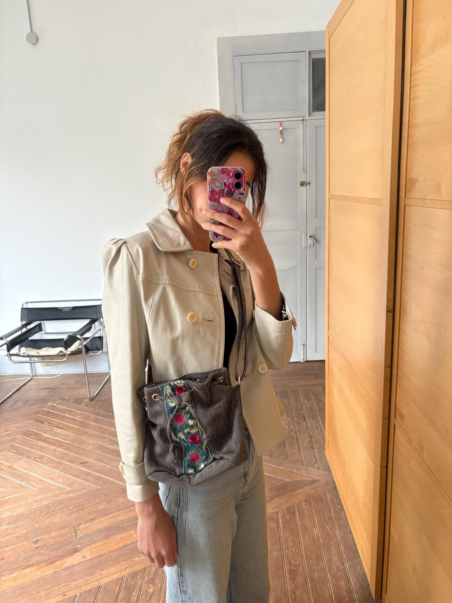 Vintage Flamenca Shoulder Bag – Crossbody with Sequin Embroidery, Boho Floral Design, 25x25 cm