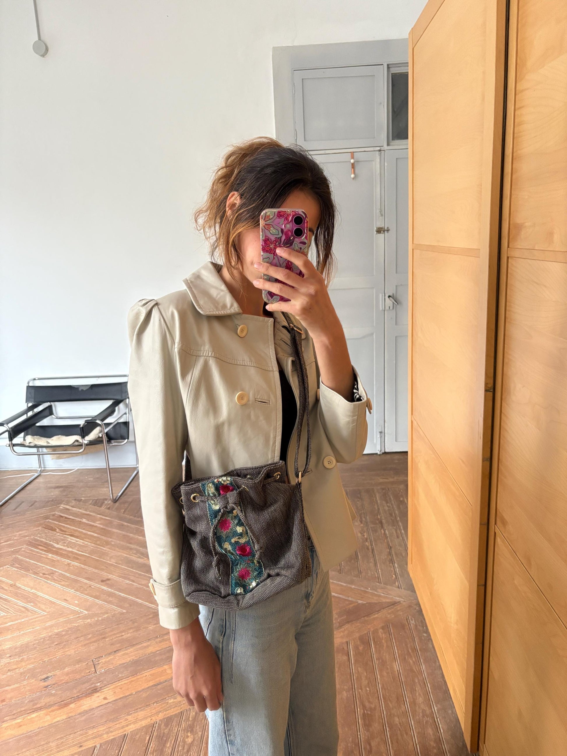 Vintage Flamenca Shoulder Bag – Crossbody with Sequin Embroidery, Boho Floral Design, 25x25 cm