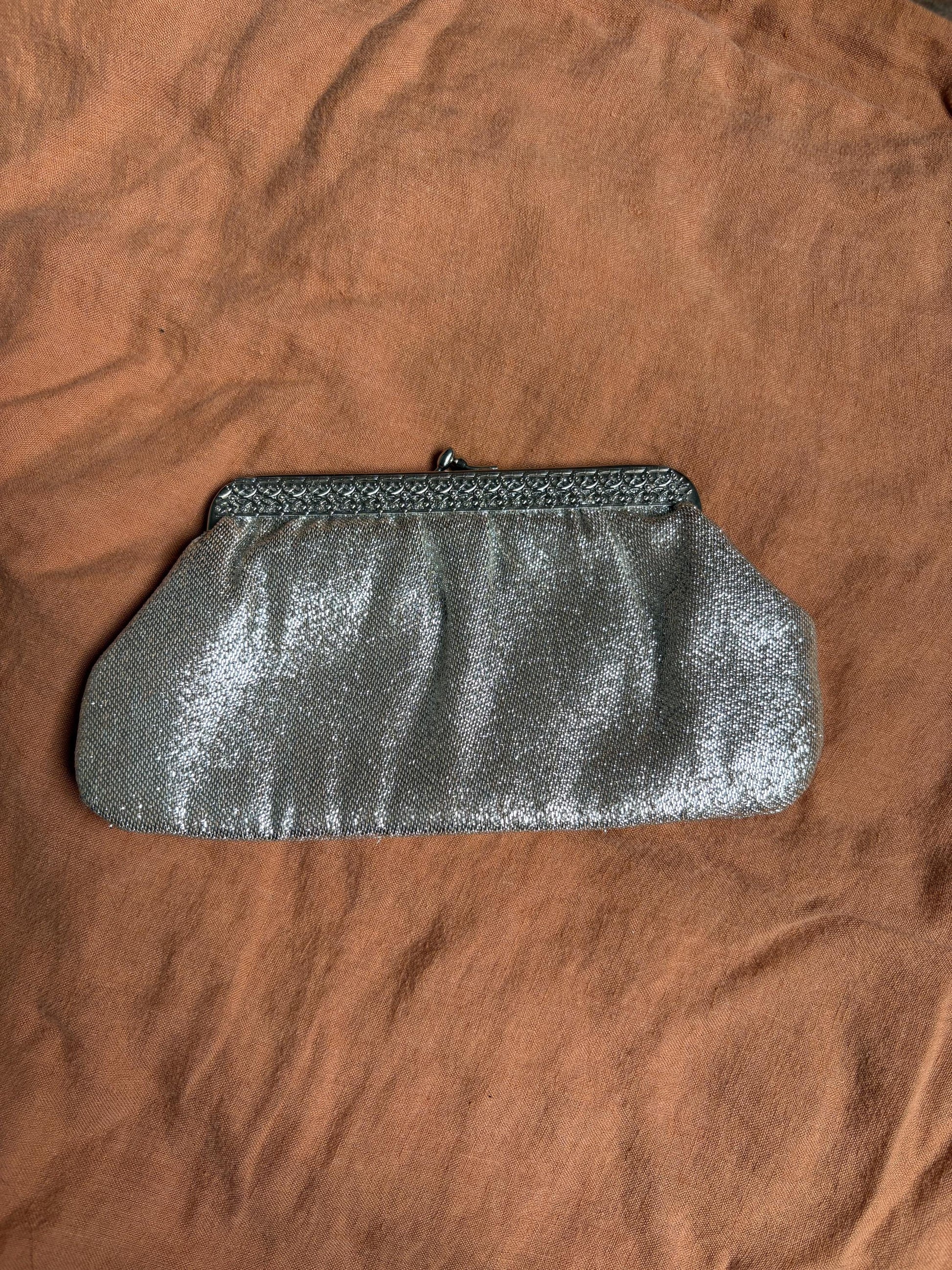 Vintage Silver Purse or Wallet – 80s Sparkly Evening Clutch with Loops for Strap Option,