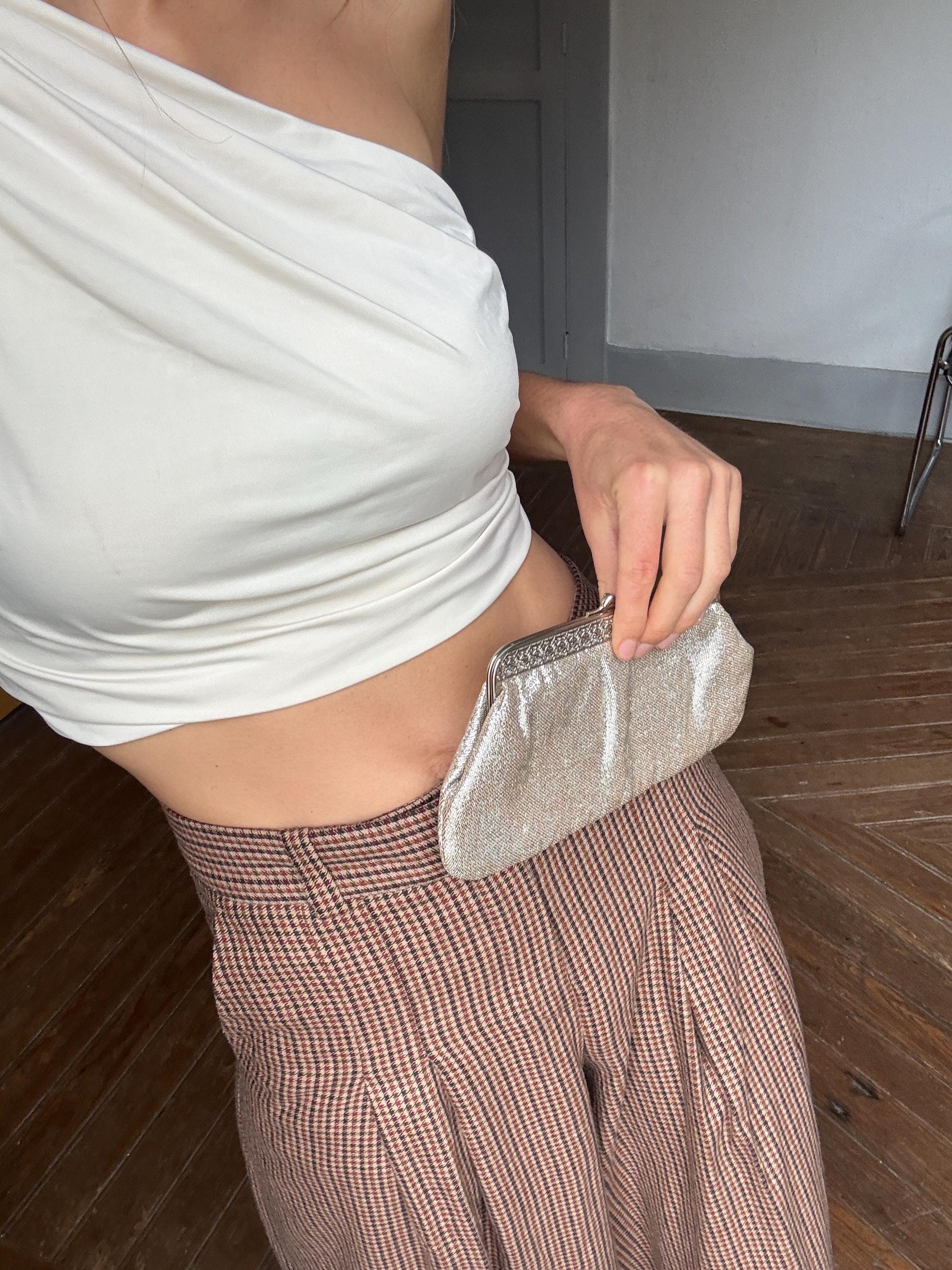 Vintage Silver Purse or Wallet – 80s Sparkly Evening Clutch with Loops for Strap Option,