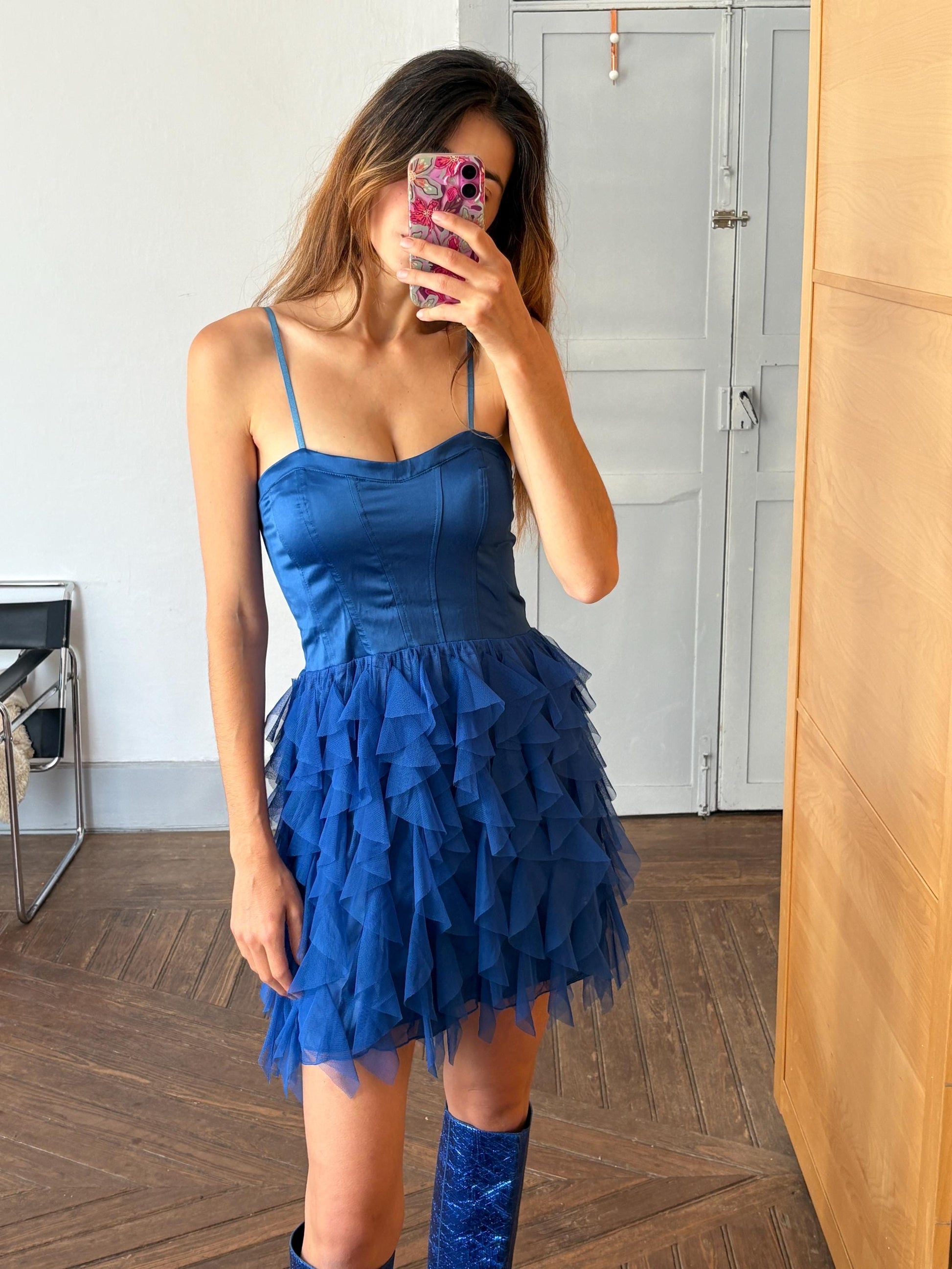 Vintage Blue Rinascimento Dress – Ruffle Mini Party Dress – Made in Italy – Statement Piece, Size S, Wedding guest outfit