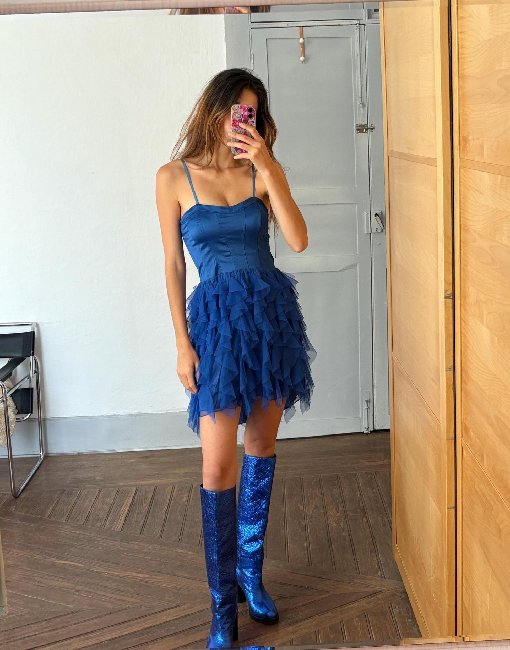 Vintage Blue Rinascimento Dress – Ruffle Mini Party Dress – Made in Italy – Statement Piece, Size S, Wedding guest outfit