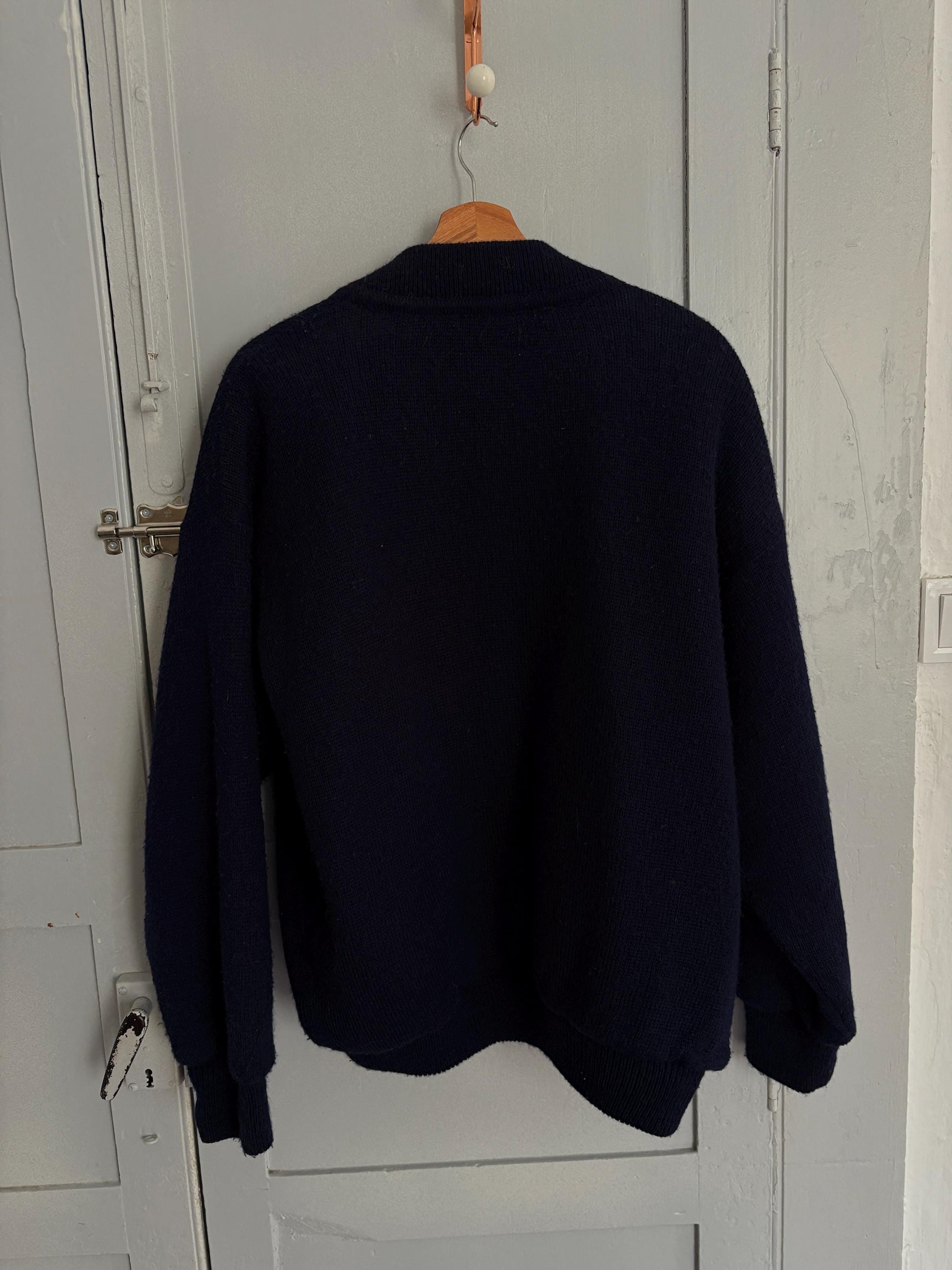 Navy blue vintage Chemise Lacoste cardigan, V neck classic Dark Academia aesthetic coat, Branded winter knit wear Size L EU 42 UK 14 US 10