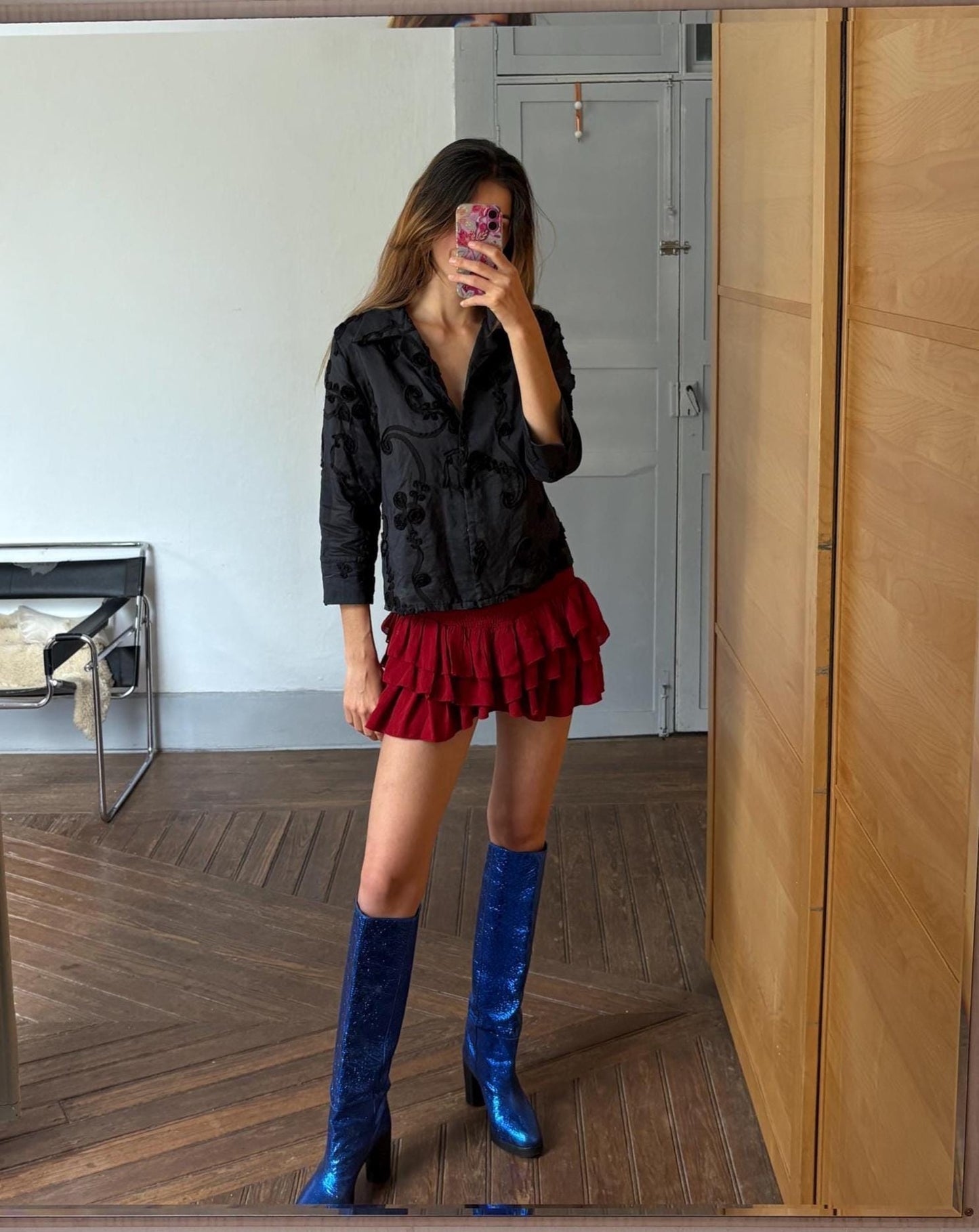 Vintage Black Woman Blouse Sheer Embroidered Floral Shirt, Romantic Style Size L EU 44 UK 16 US 12