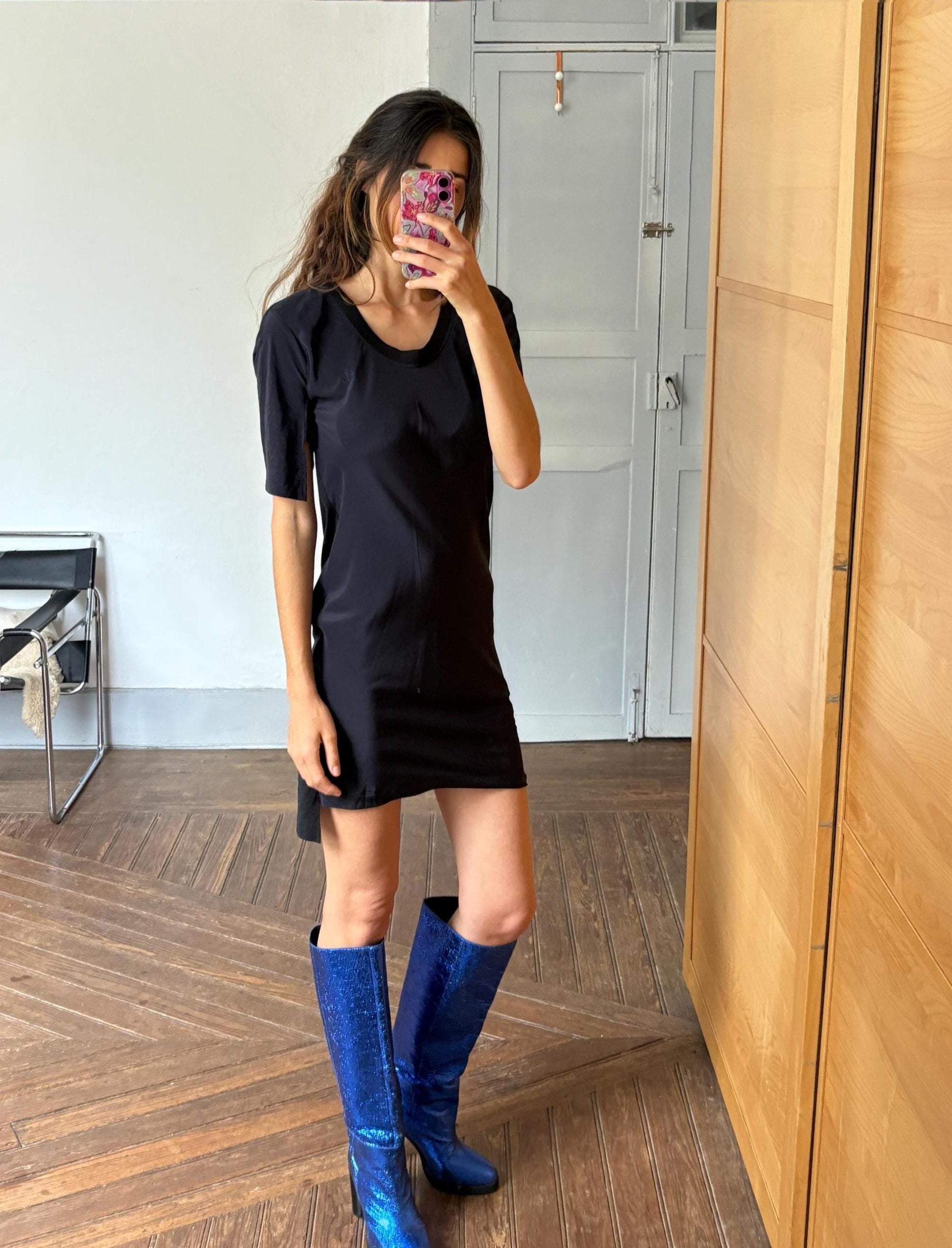 Sonia by Sonia Rykiel black mini dress - silk front cotton back new with tags -secondhand French designer chic outfit, Size S