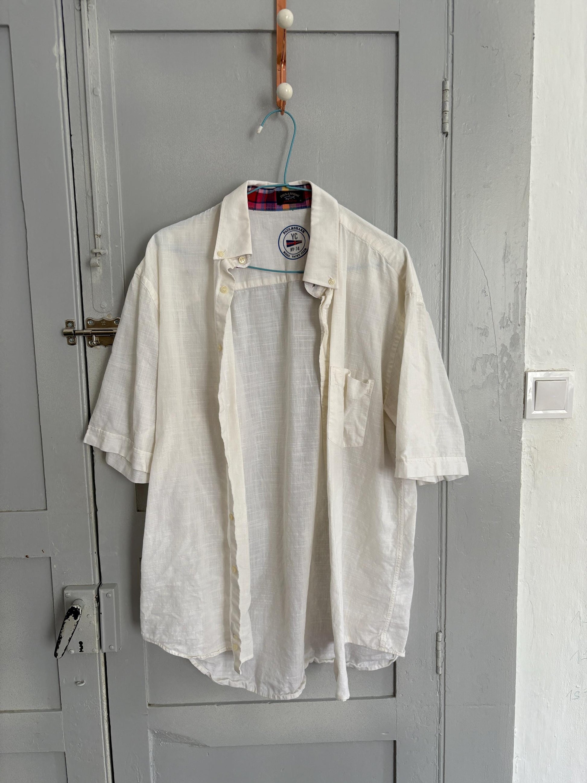 Vintage white blouse Paul & Shark Royal Yacht Club, Mens button down luxury linen maritime summer shirt, Size XL