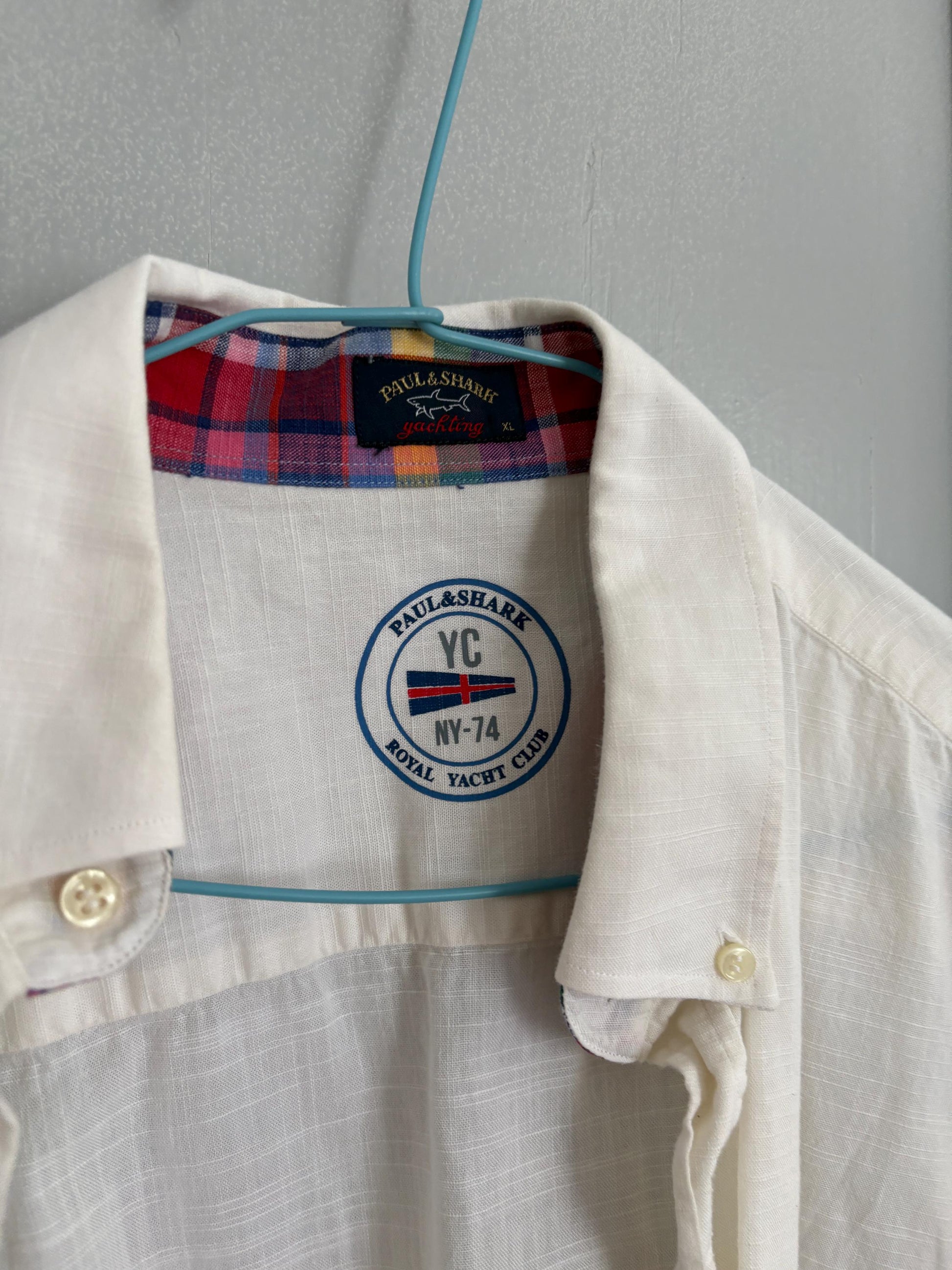 Vintage white blouse Paul & Shark Royal Yacht Club, Mens button down luxury linen maritime summer shirt, Size XL