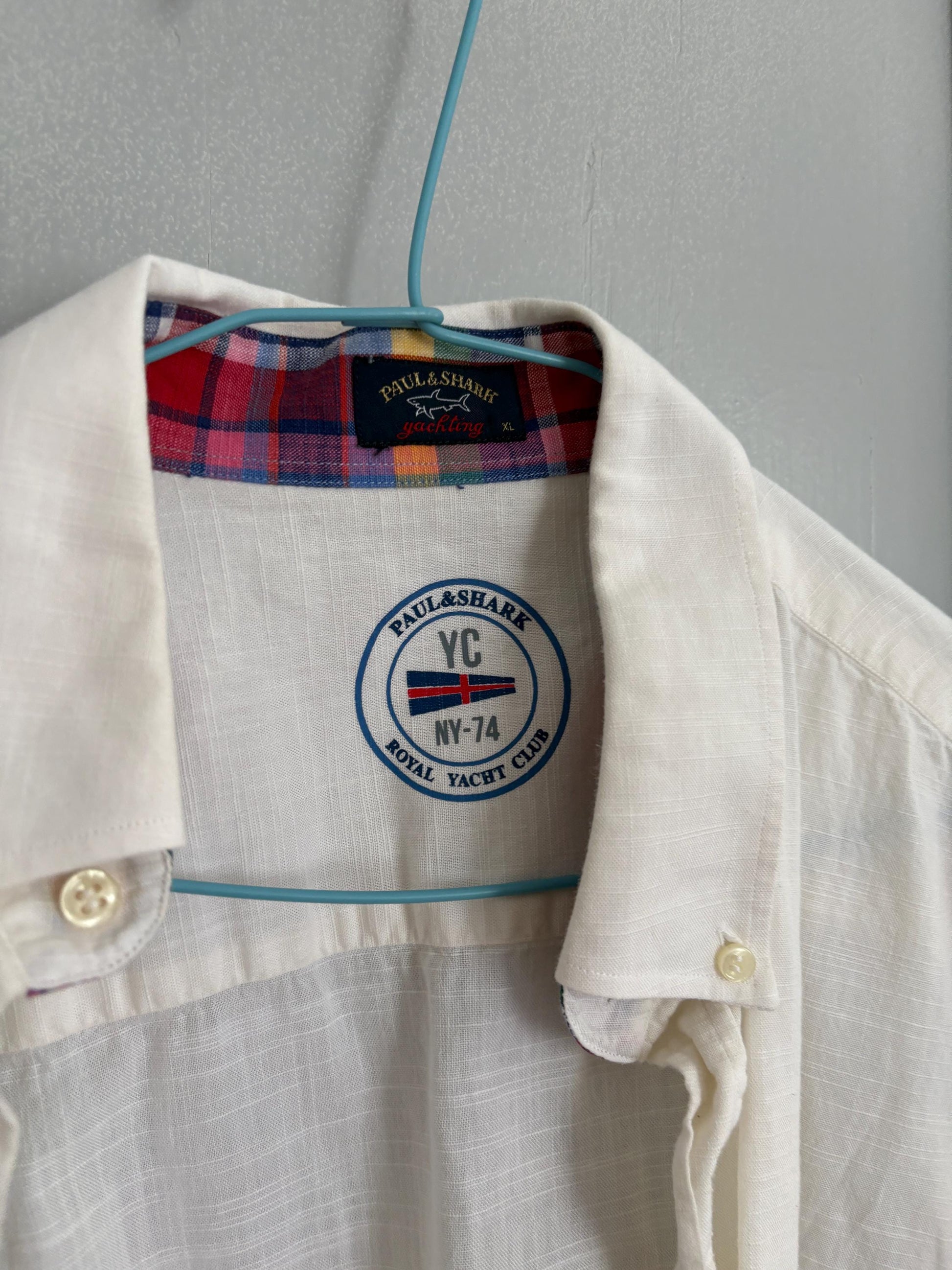 Vintage white blouse Paul & Shark Royal Yacht Club, Mens button down luxury linen maritime summer shirt, Size XL