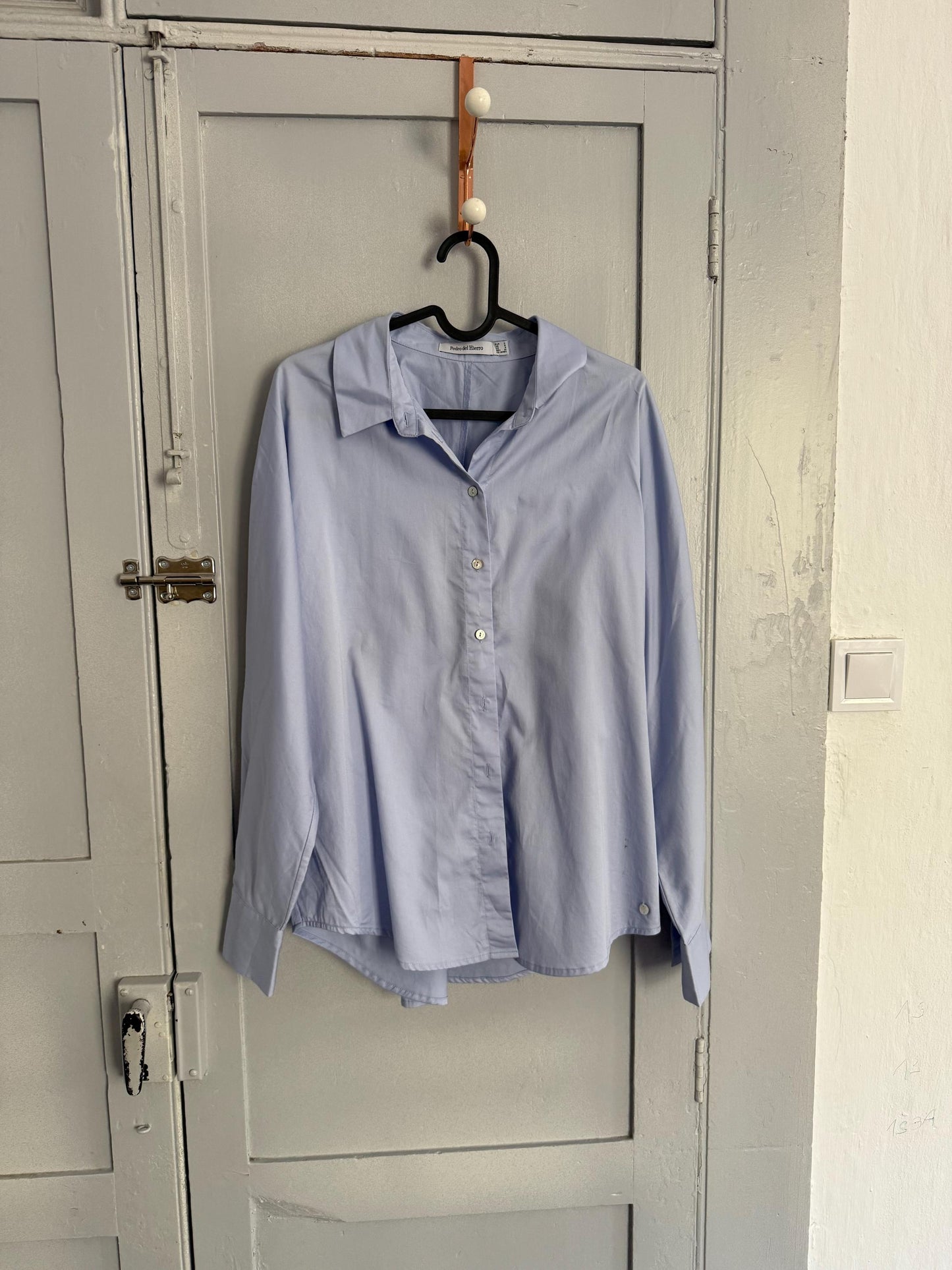 Vintage Pedro del Hierro soft blue button down shirt, Size S UK 8 US 4, chic elegant classic aesthetic blouse