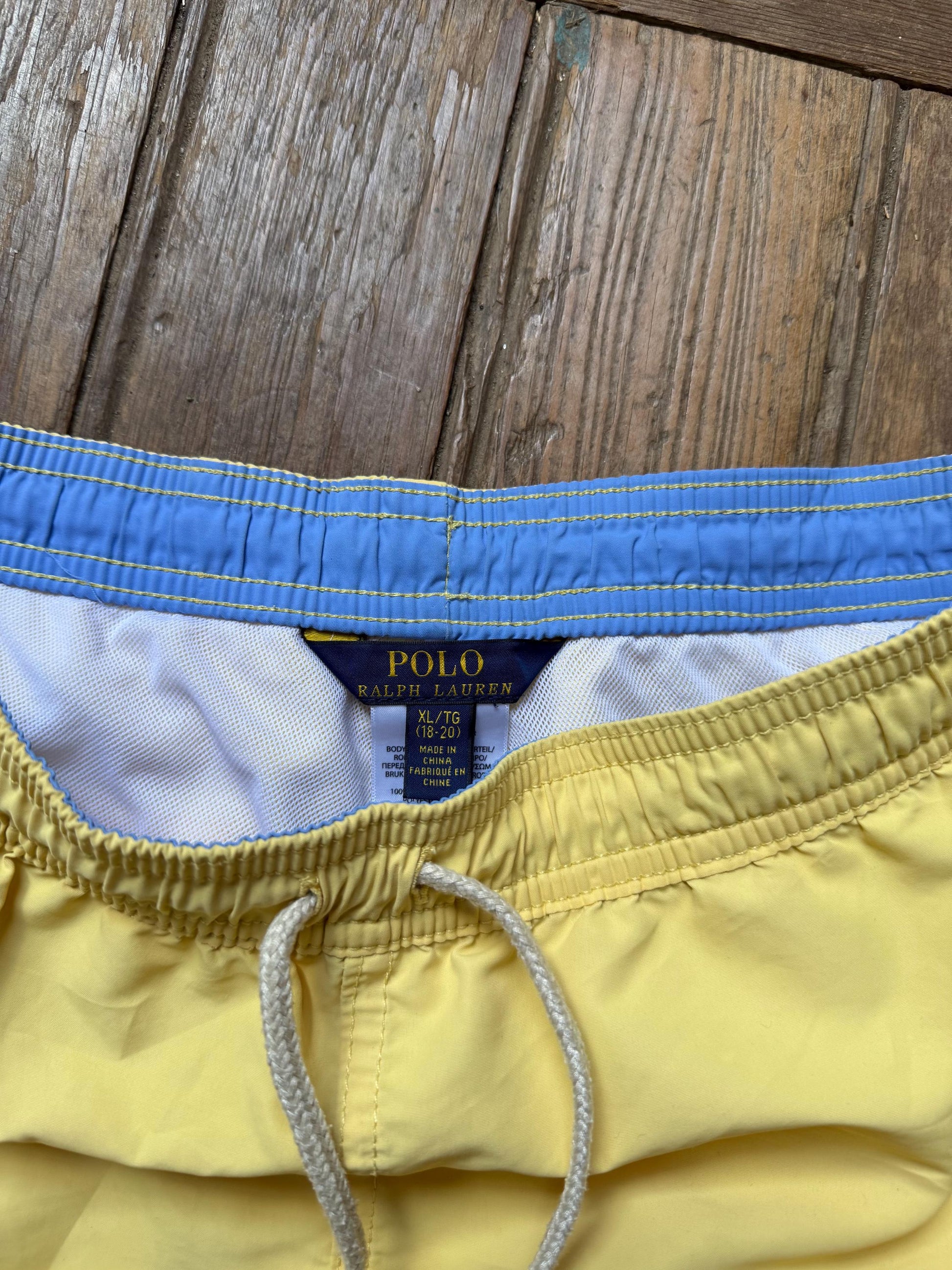 Vintage Ralph Lauren yellow swim shorts men’s XL swimwear retro beach trunks elastic waist