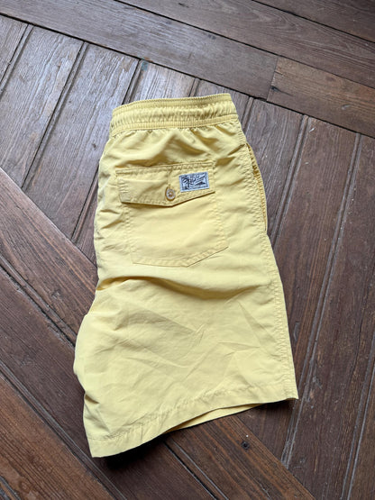 Vintage Ralph Lauren Yellow Swim Shorts — fabric close-up