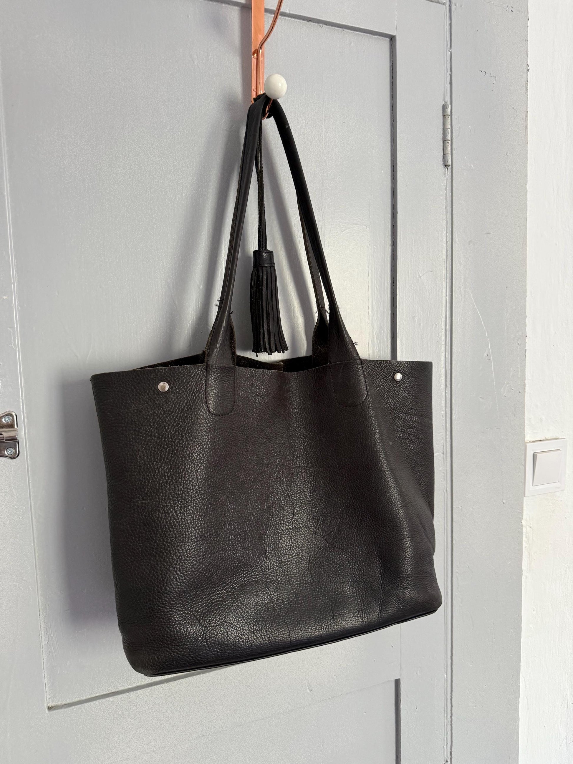 Black leather bag, Minimalist stylish shopper, Luxe diaper bag, Tassel detail schoolbag roomy book bag