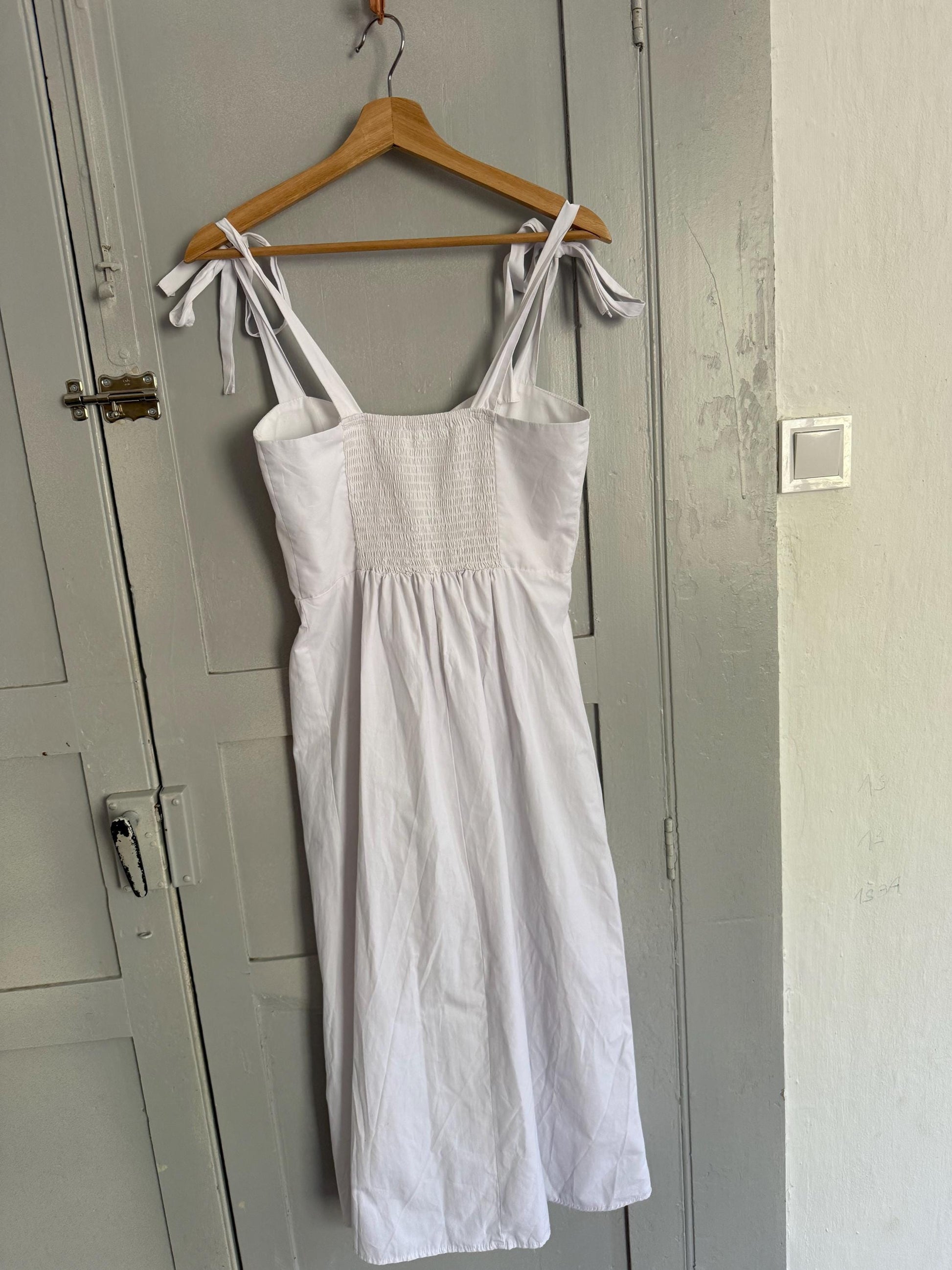 White summer dress, Minimalist romantic beach outfit, Cute strappy midi dress, Sustainable recycled maxi dress, Size S - M