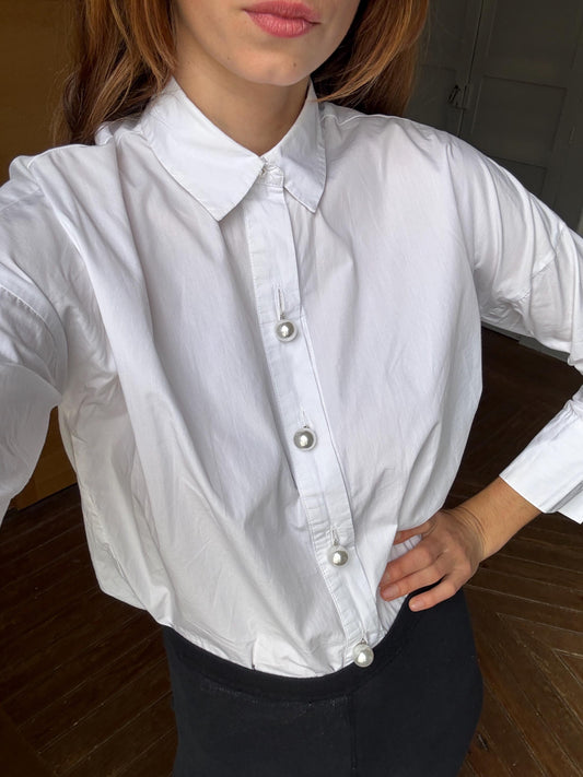 vintage white crisp blouse with large pearl buttons minimalist romantic shirt L XL women’s top
