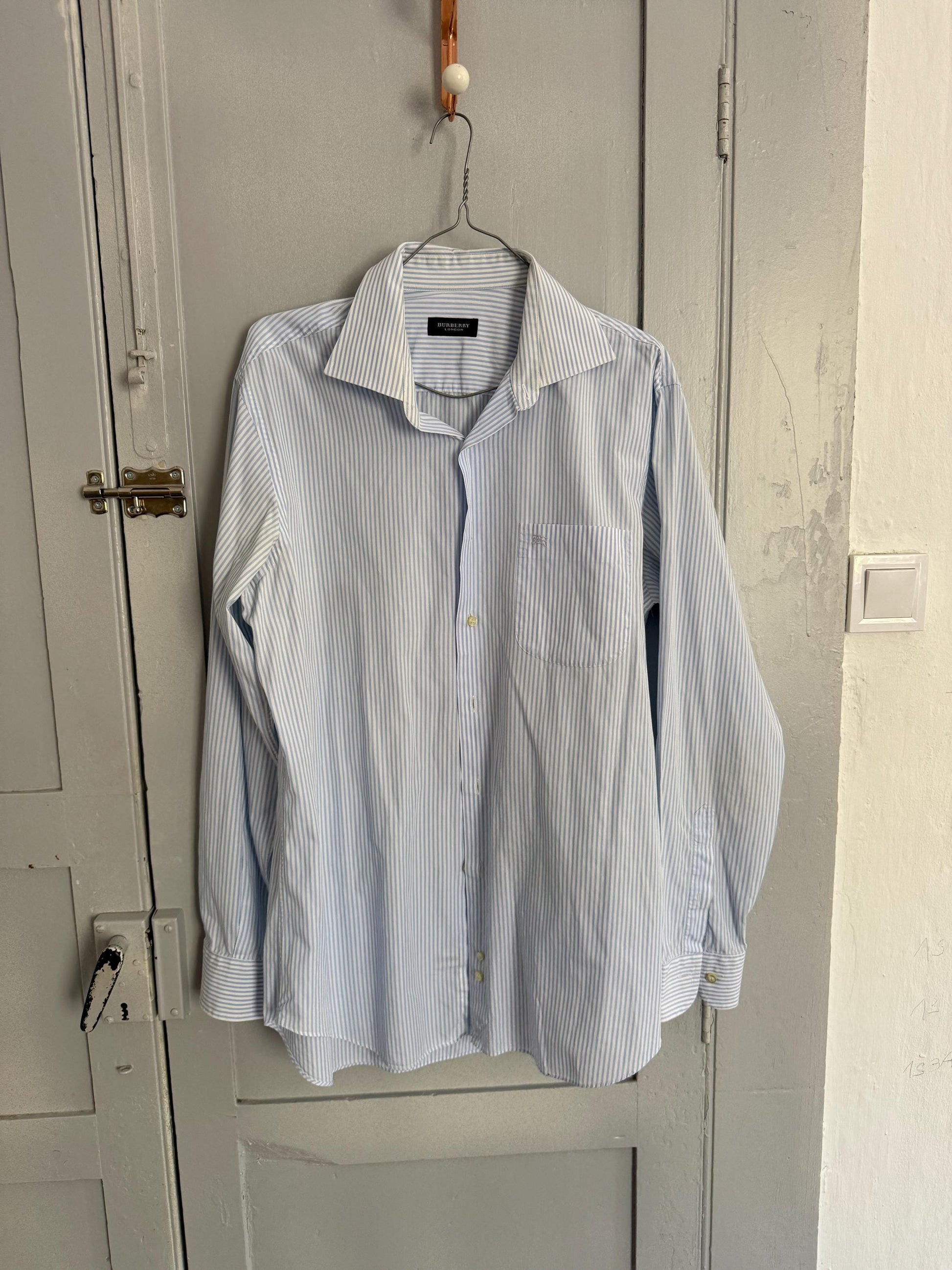Vintage Burberry London Striped Shirt | Light Blue & White Button-Up | Oversized Fit Cotton Blouse | Classic Unisex Style