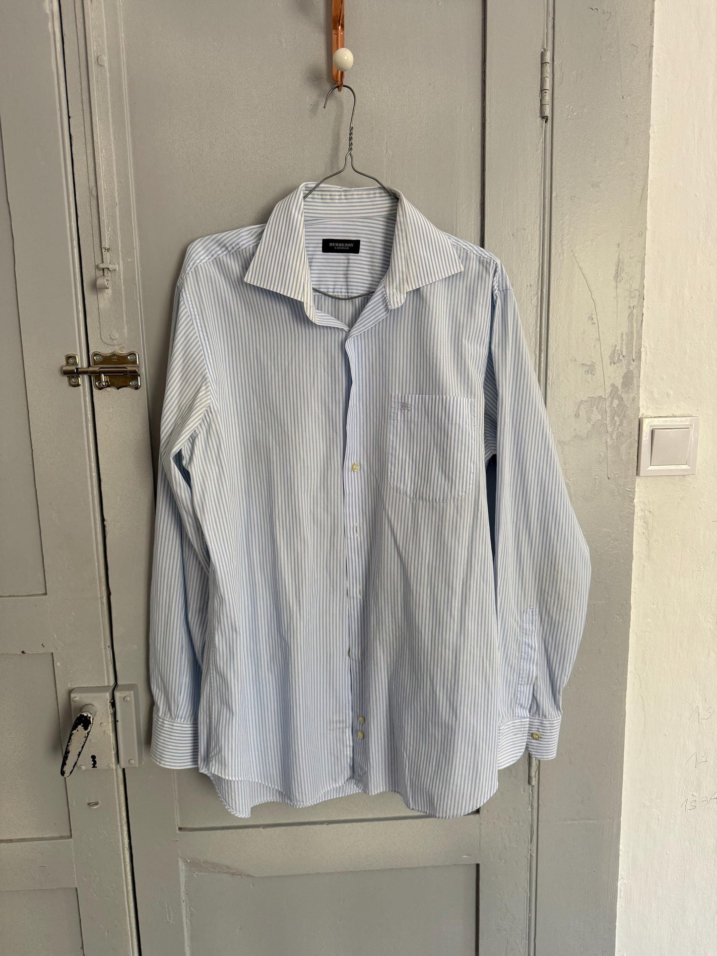 Vintage Burberry London Striped Shirt | Light Blue & White Button-Up | Oversized Fit Cotton Blouse | Classic Unisex Style