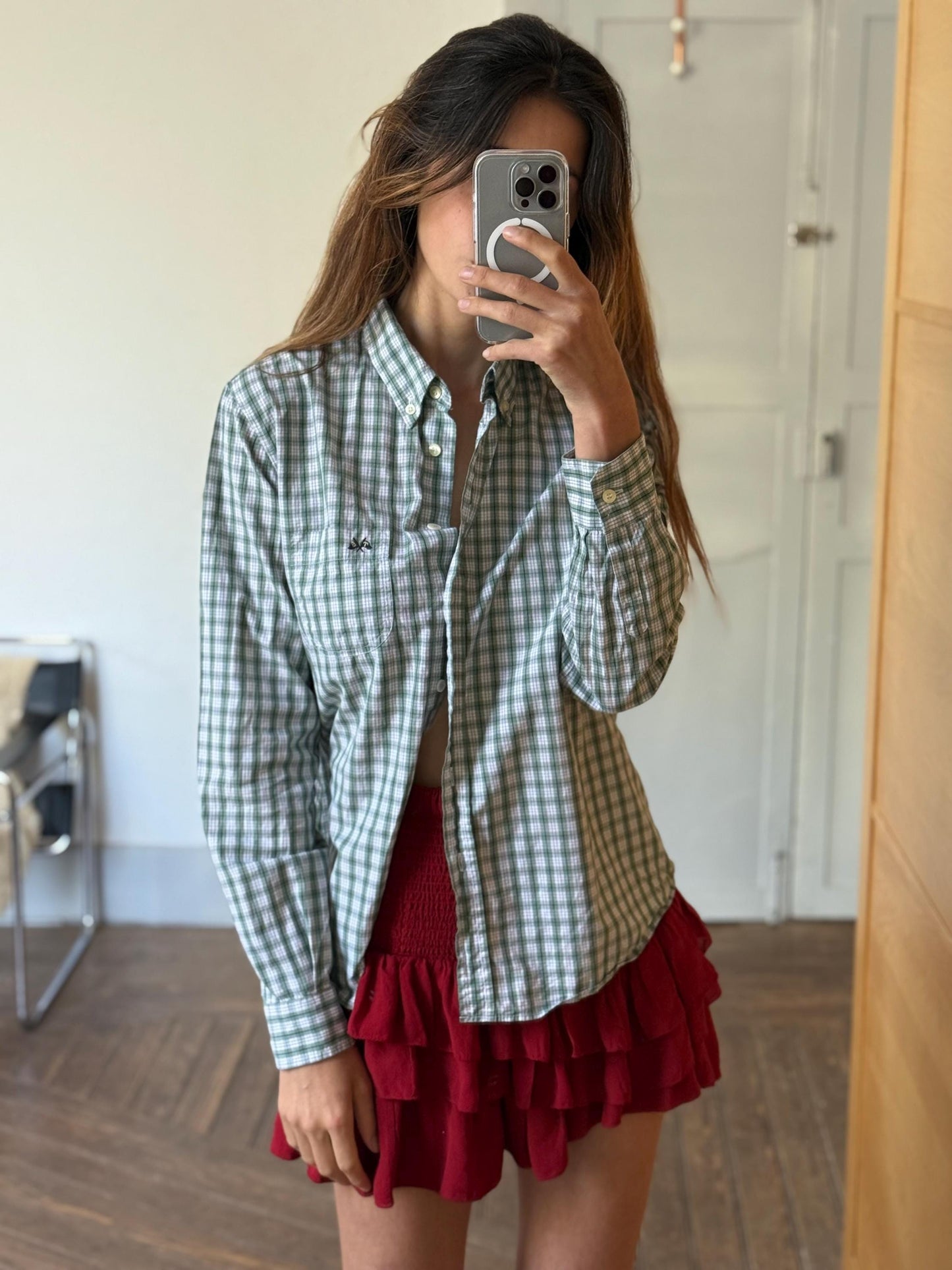 Vintage Thomas Burberry Check Shirt | Green & White 100% Cotton Button-Up | Size L - 44 |